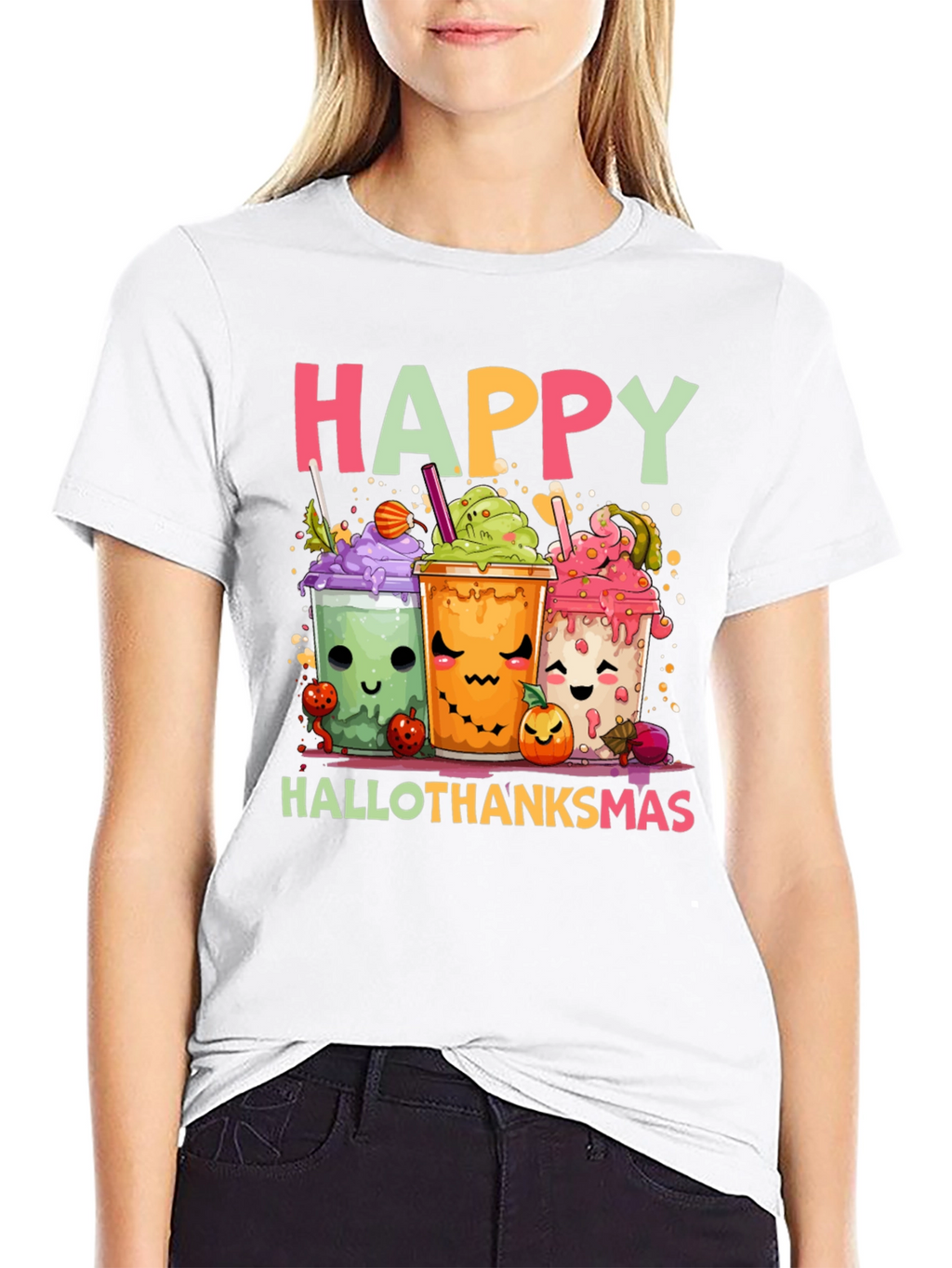 Happy Hallothanksmas T-Shirt - Cute Holiday Cartoon