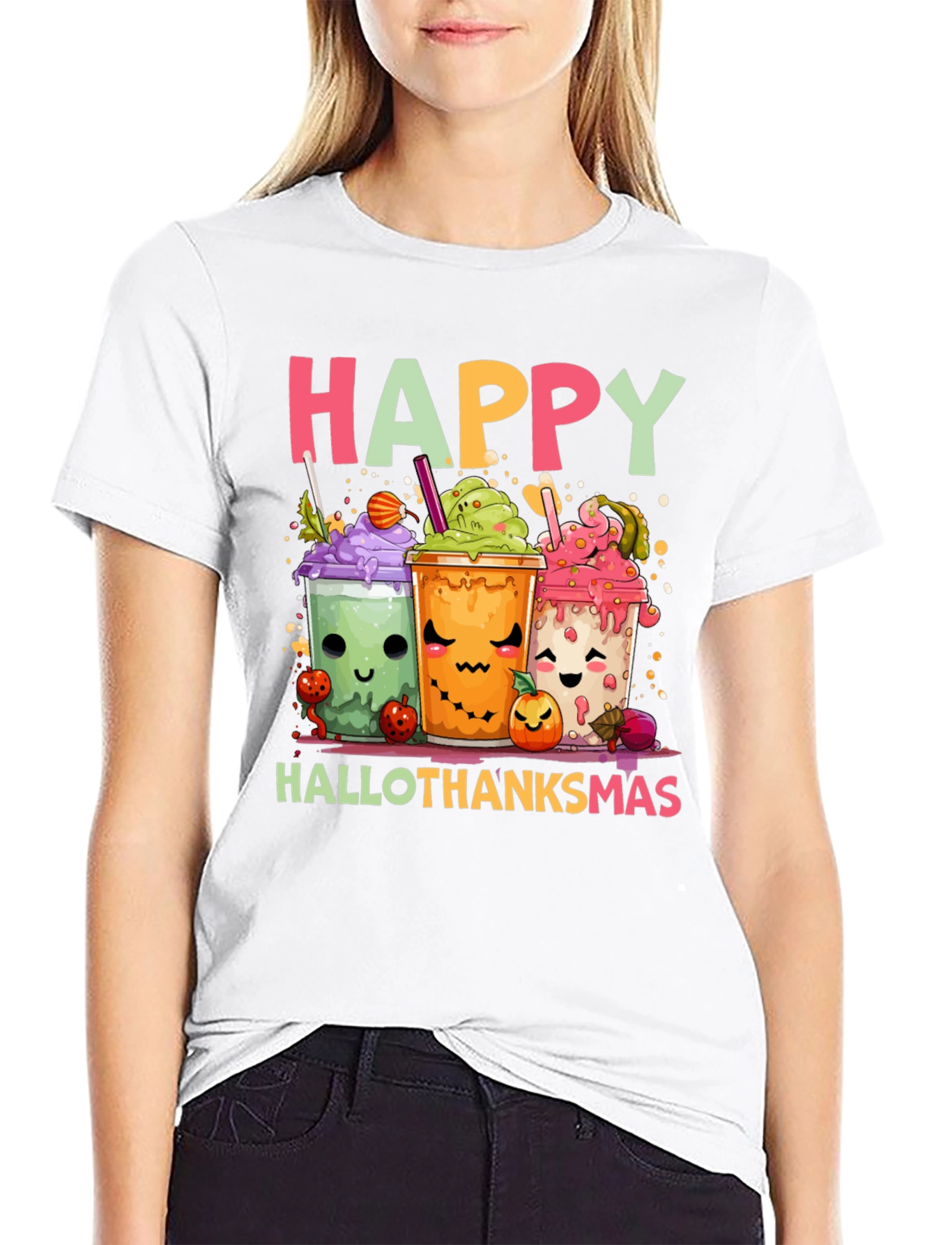 Happy Hallothanksmas T-Shirt - Cute Holiday Cartoon