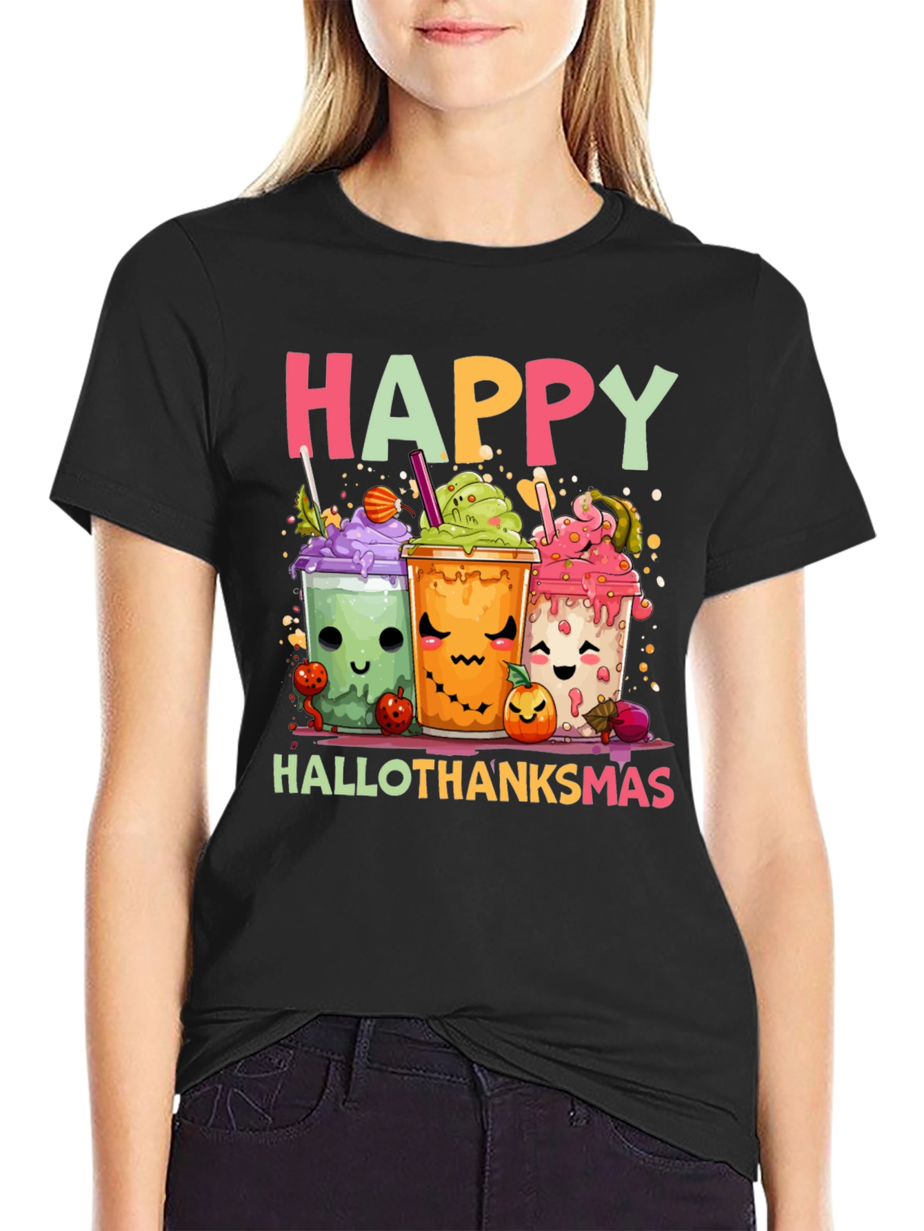 Happy Hallothanksmas T-Shirt - Cute Holiday Cartoon