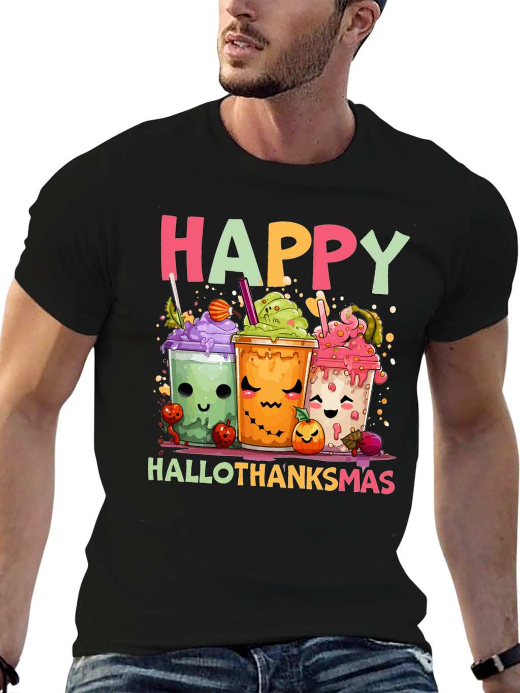 Happy Hallothanksmas T-Shirt - Cute Holiday Cartoon