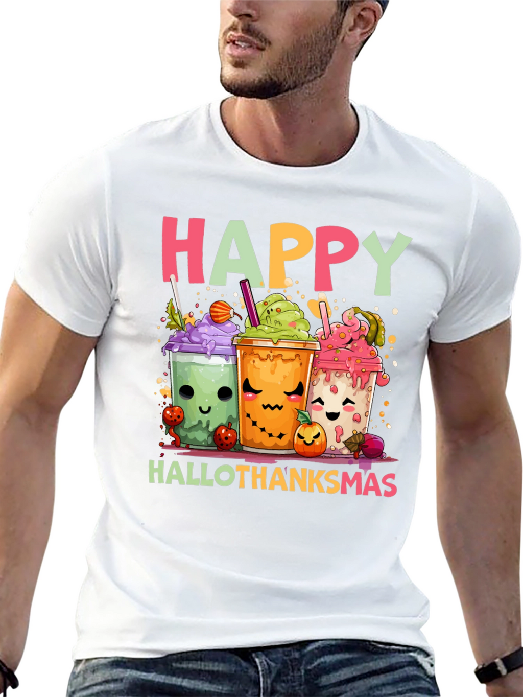 Happy Hallothanksmas T-Shirt - Cute Holiday Cartoon