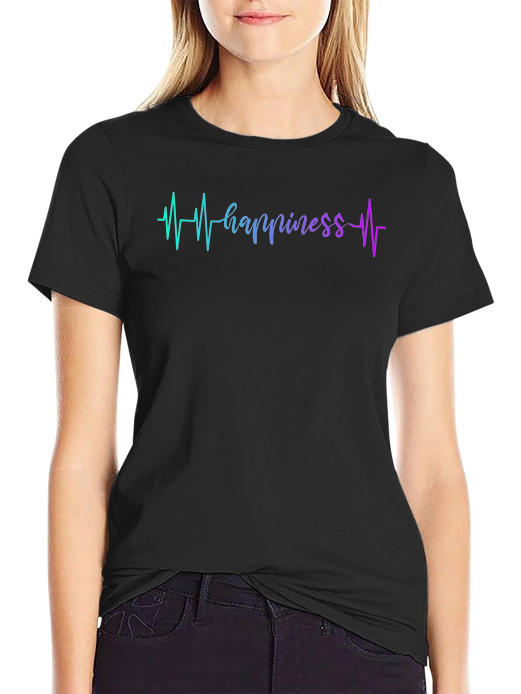 Happiness Heartbeat Graphic Black T-Shirt