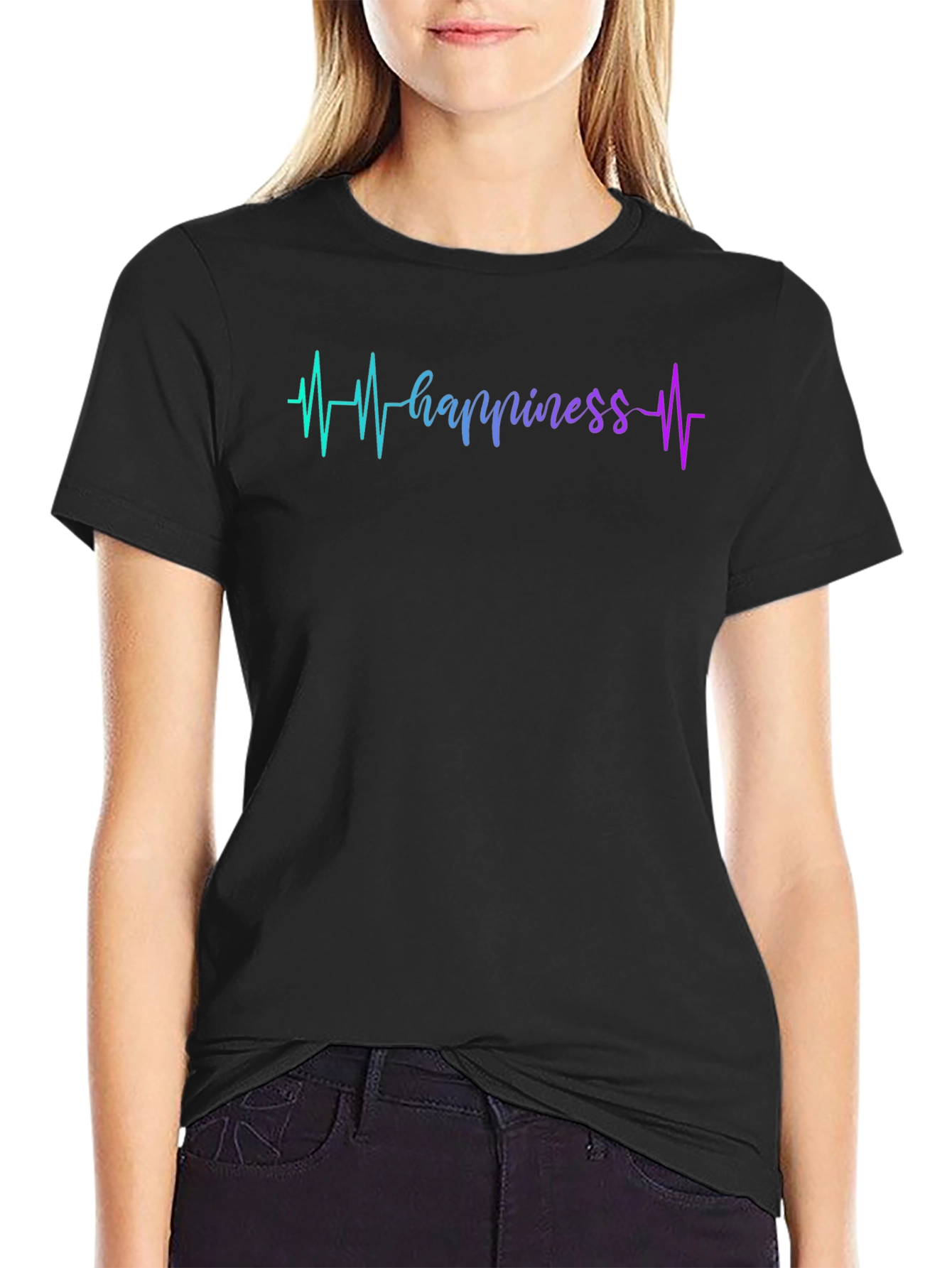 Happiness Heartbeat Graphic Black T-Shirt