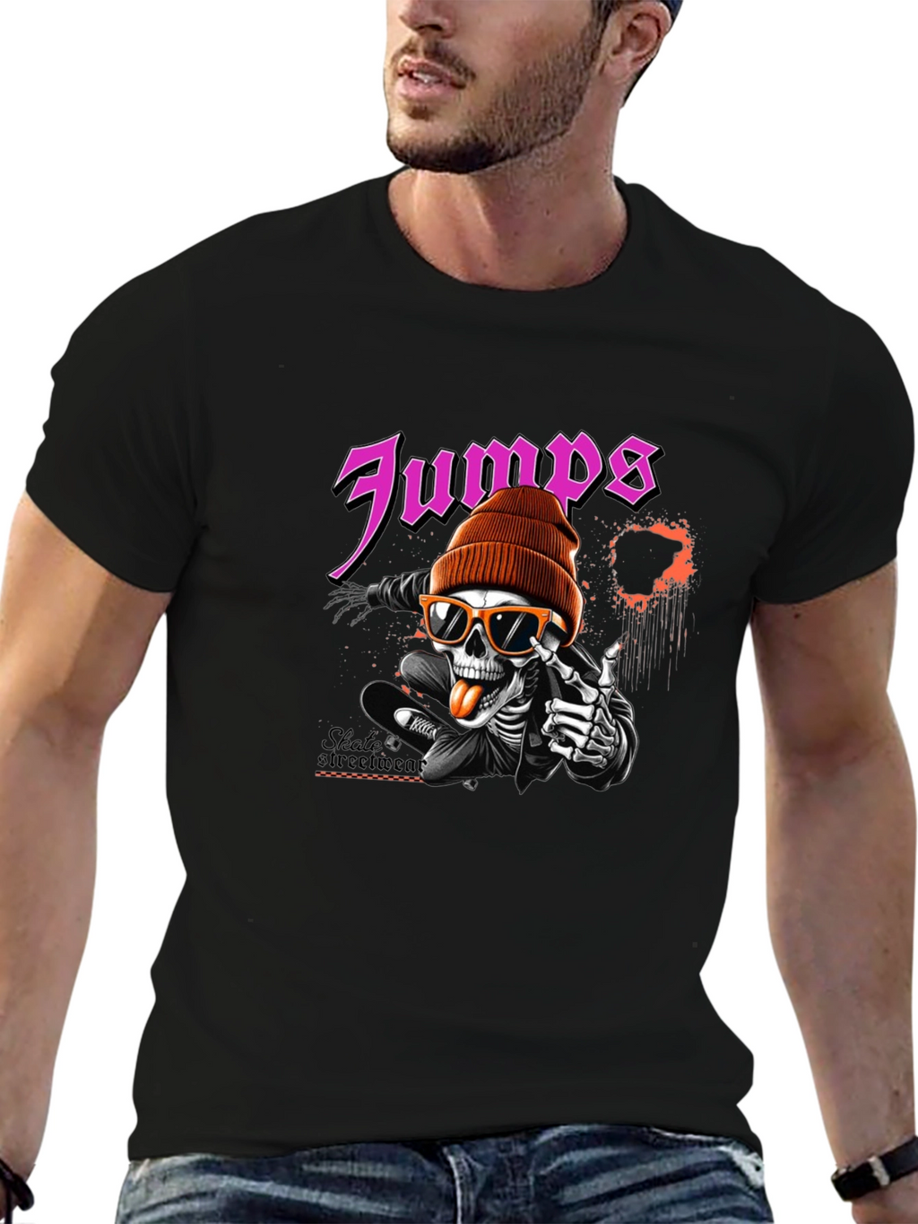Jumps Skate Skeleton Black Graphic T-Shirt