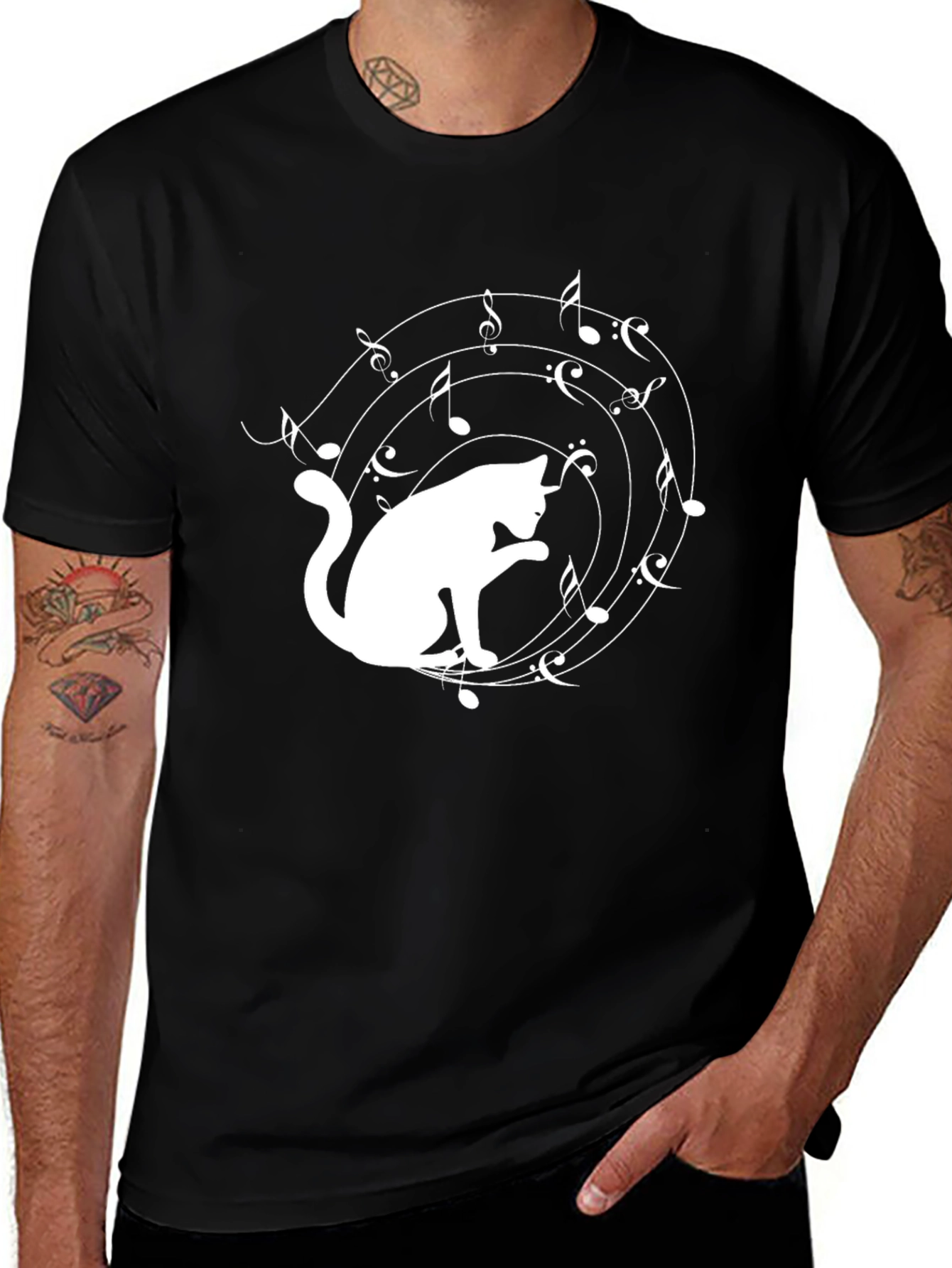 Cat Music Lover T-Shirt - Black Cotton Tee