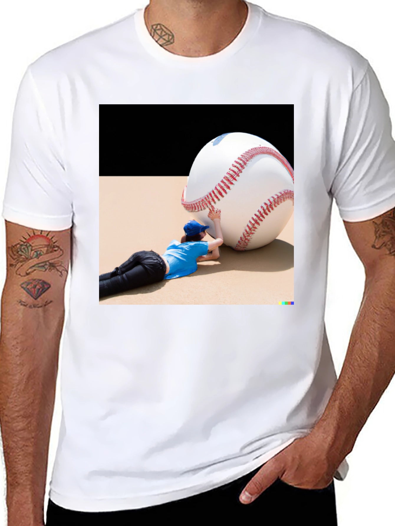 Novelty Graphic T-Shirt: Baseball Player & Giant Ball