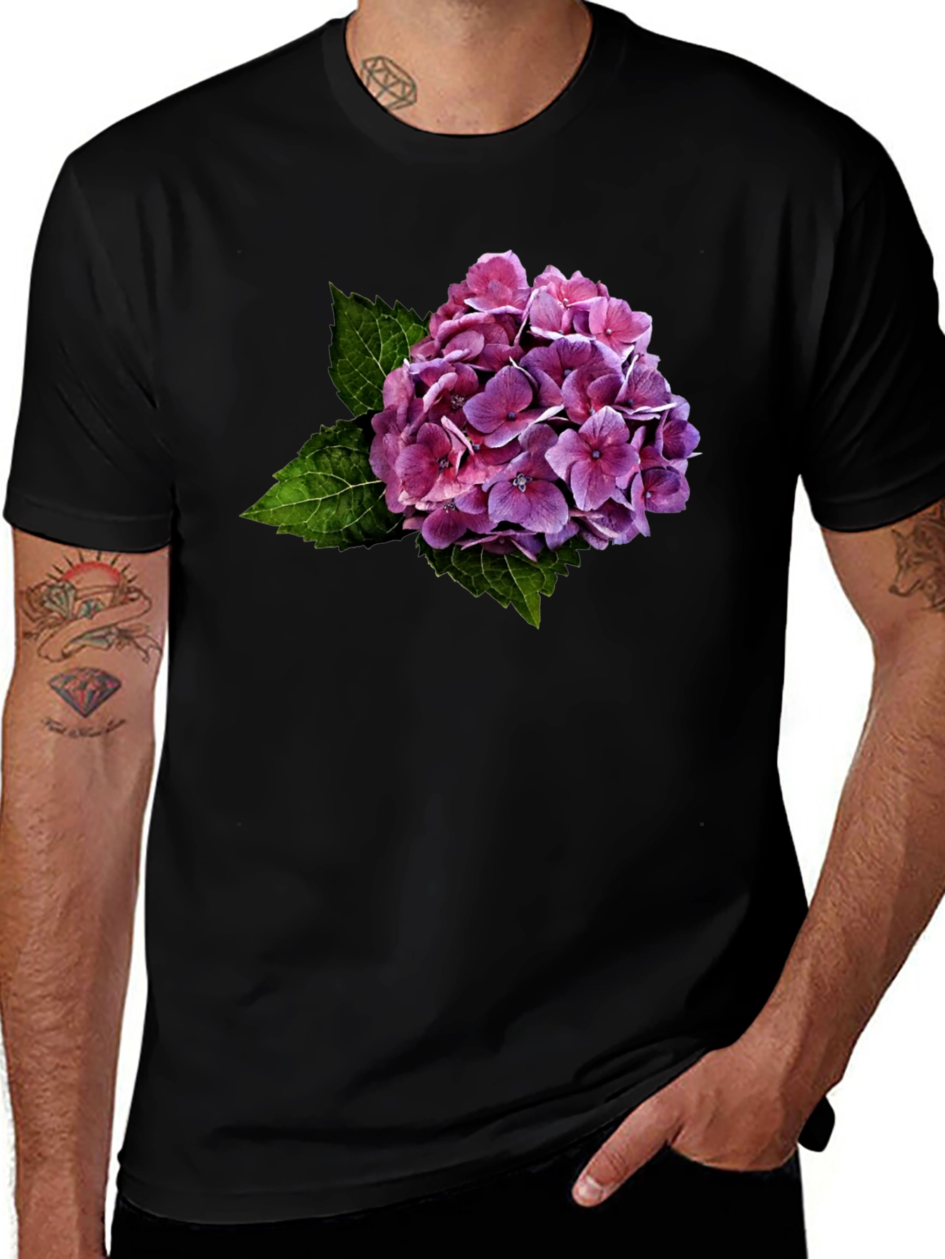 Floral Hydrangea Graphic Black T-Shirt