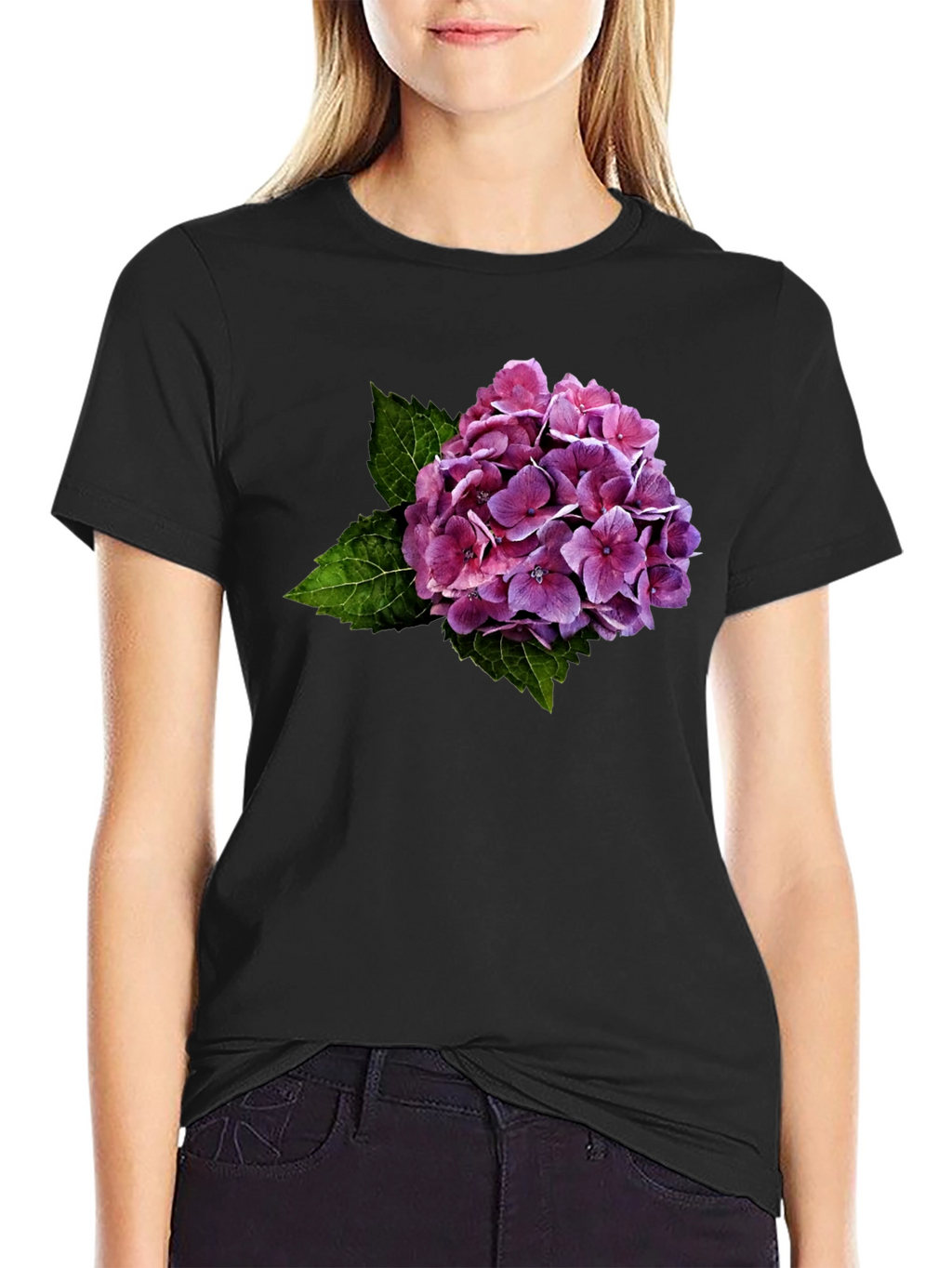 Floral Hydrangea Graphic Black T-Shirt