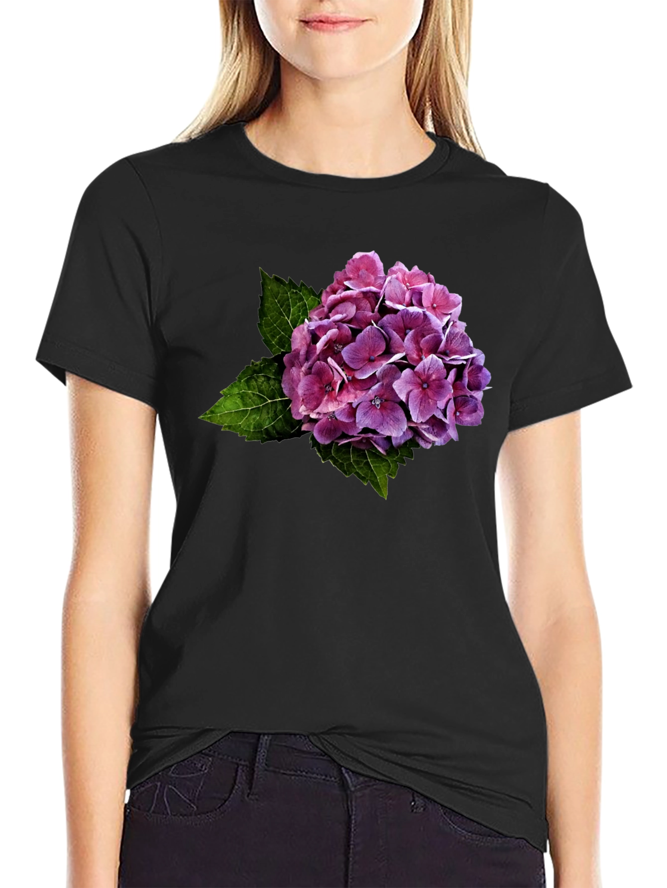 Floral Hydrangea Graphic Black T-Shirt