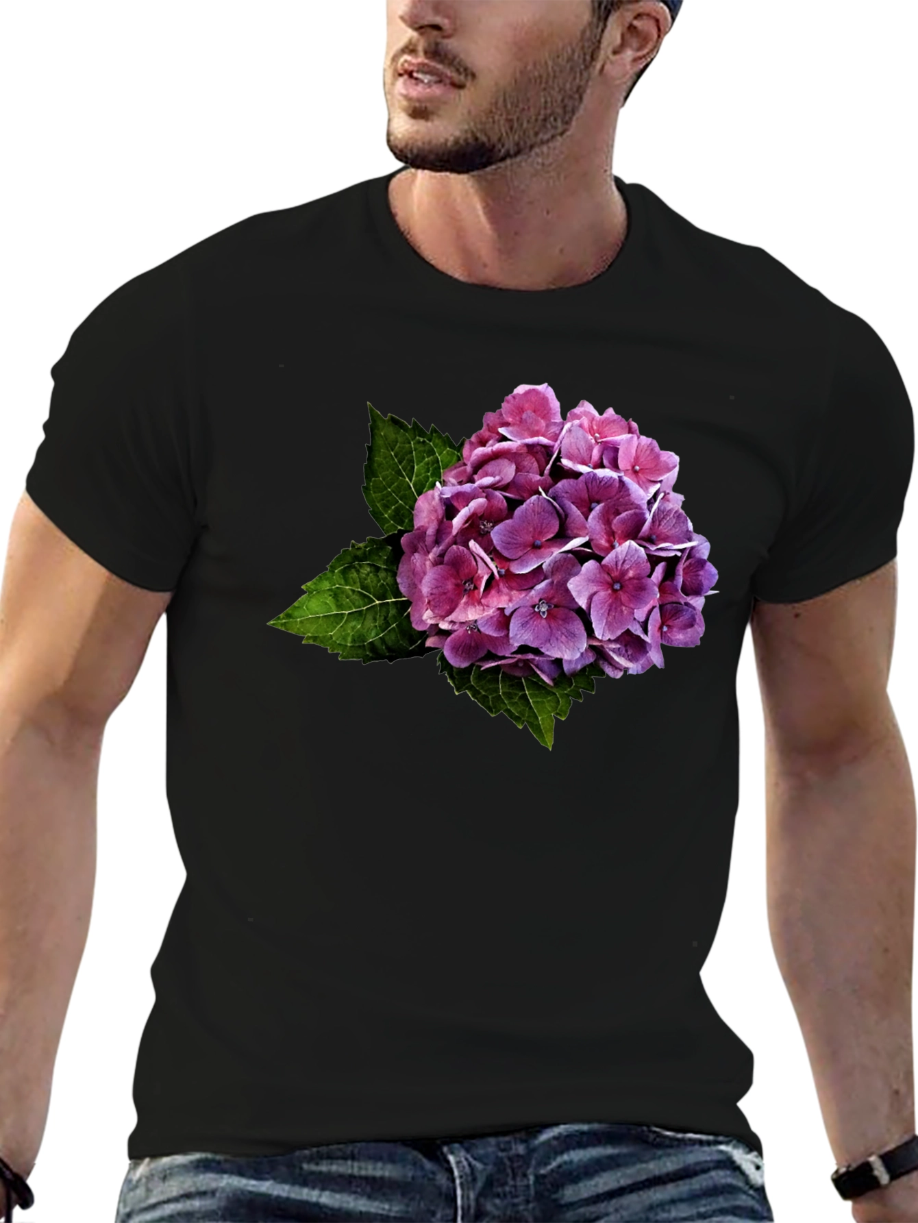 Floral Hydrangea Graphic Black T-Shirt