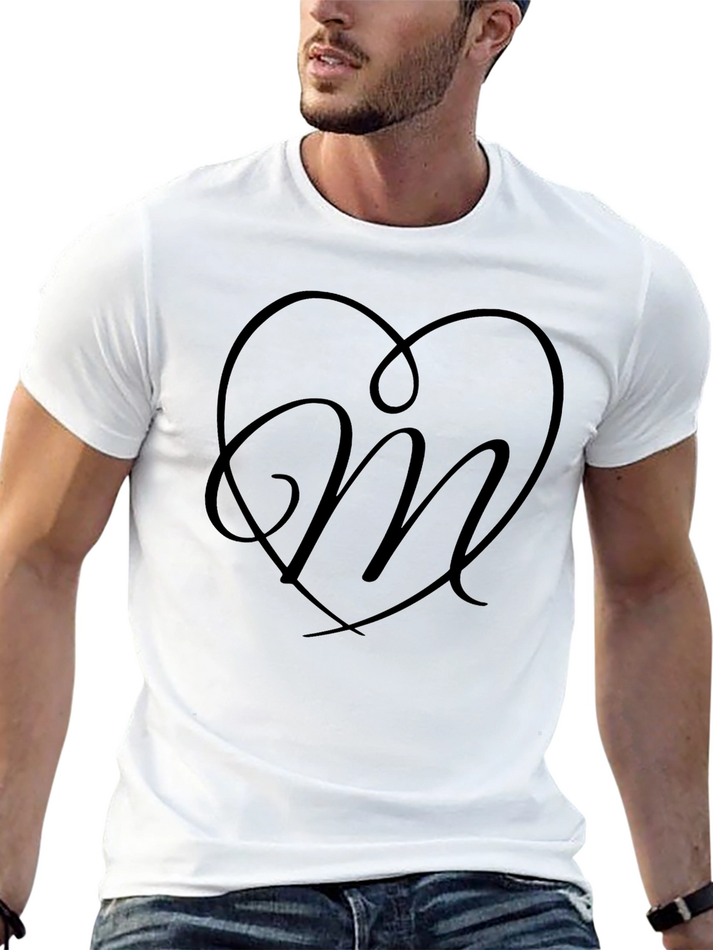 Heart Monogram Letter M Black T-Shirt