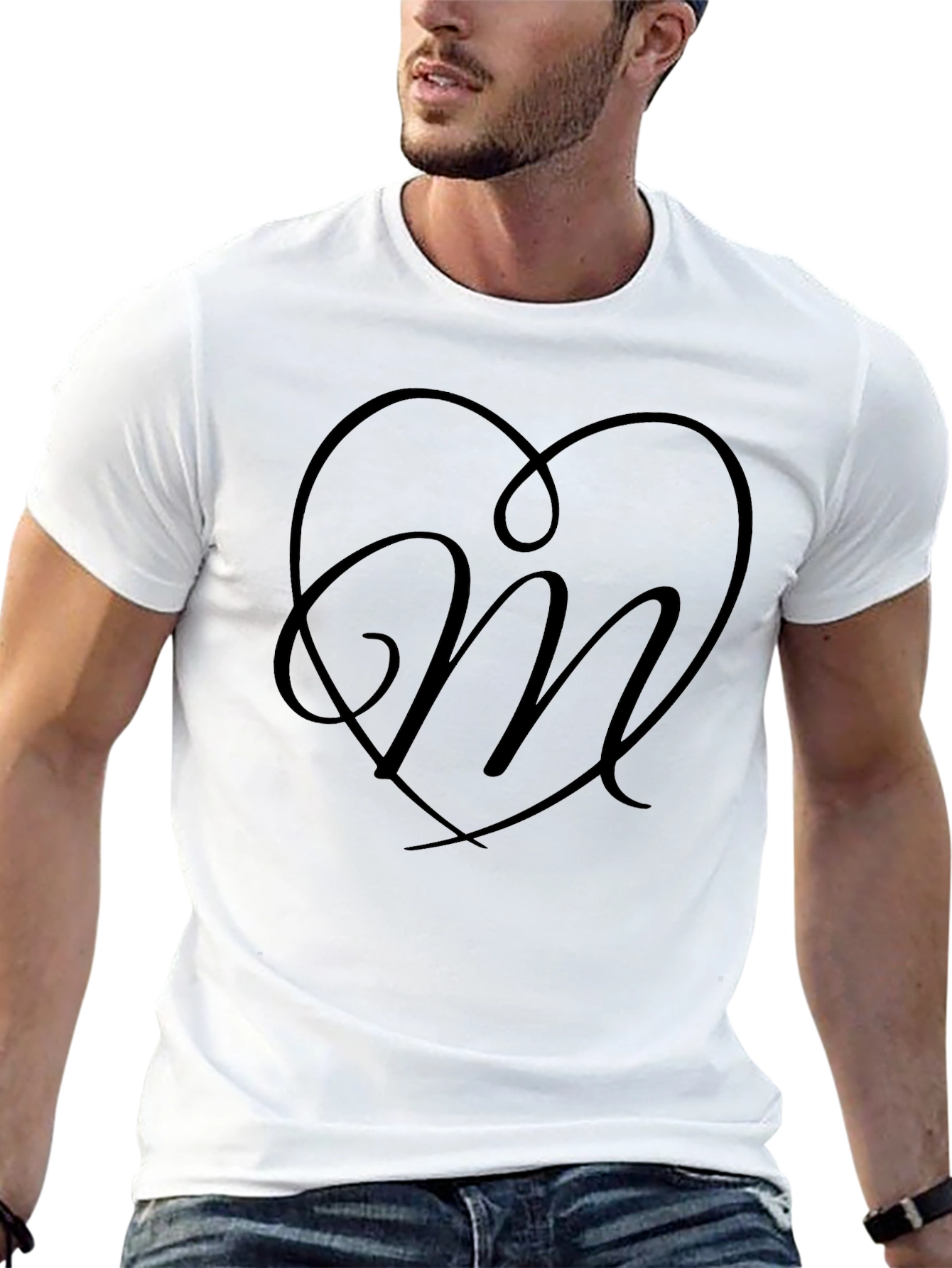 Heart Monogram Letter M Black T-Shirt