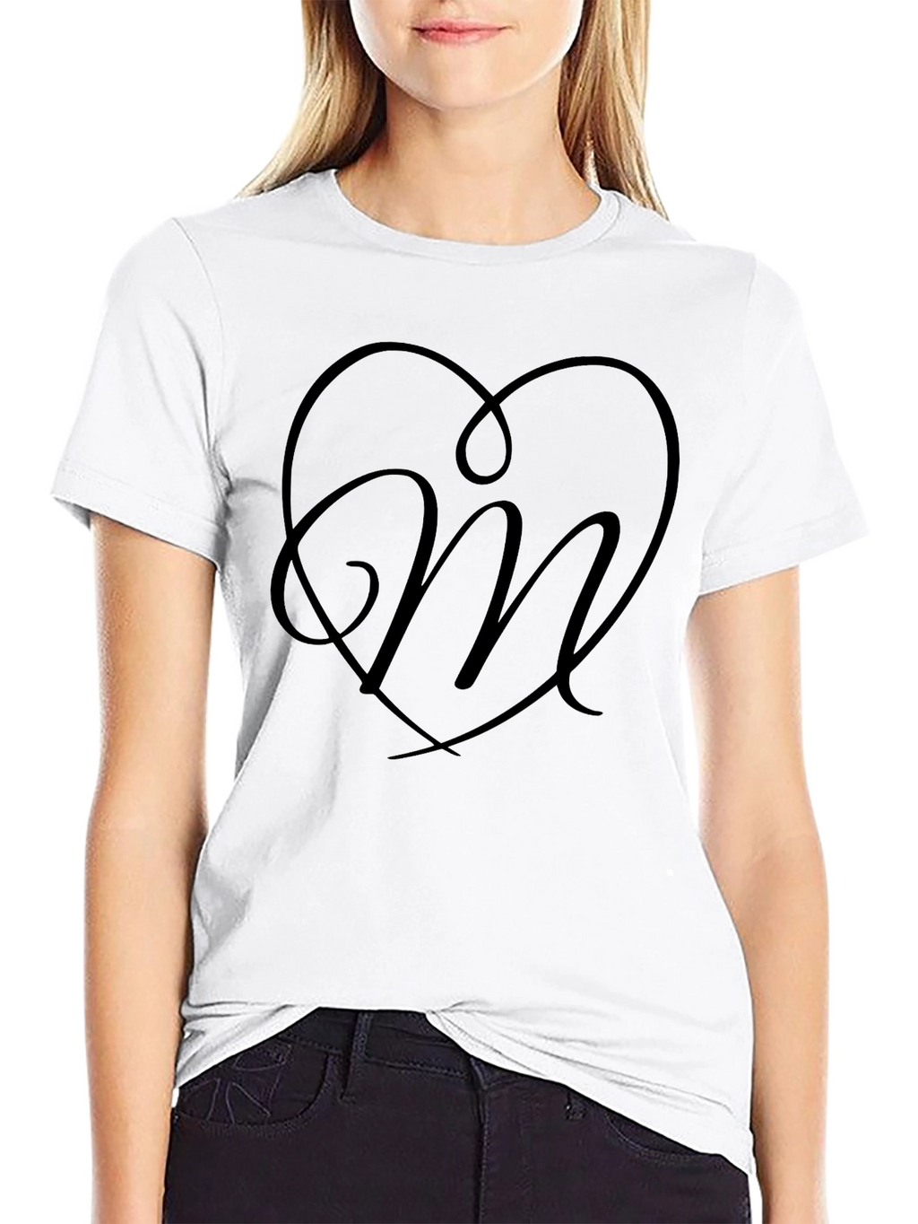Heart Monogram Letter M Black T-Shirt