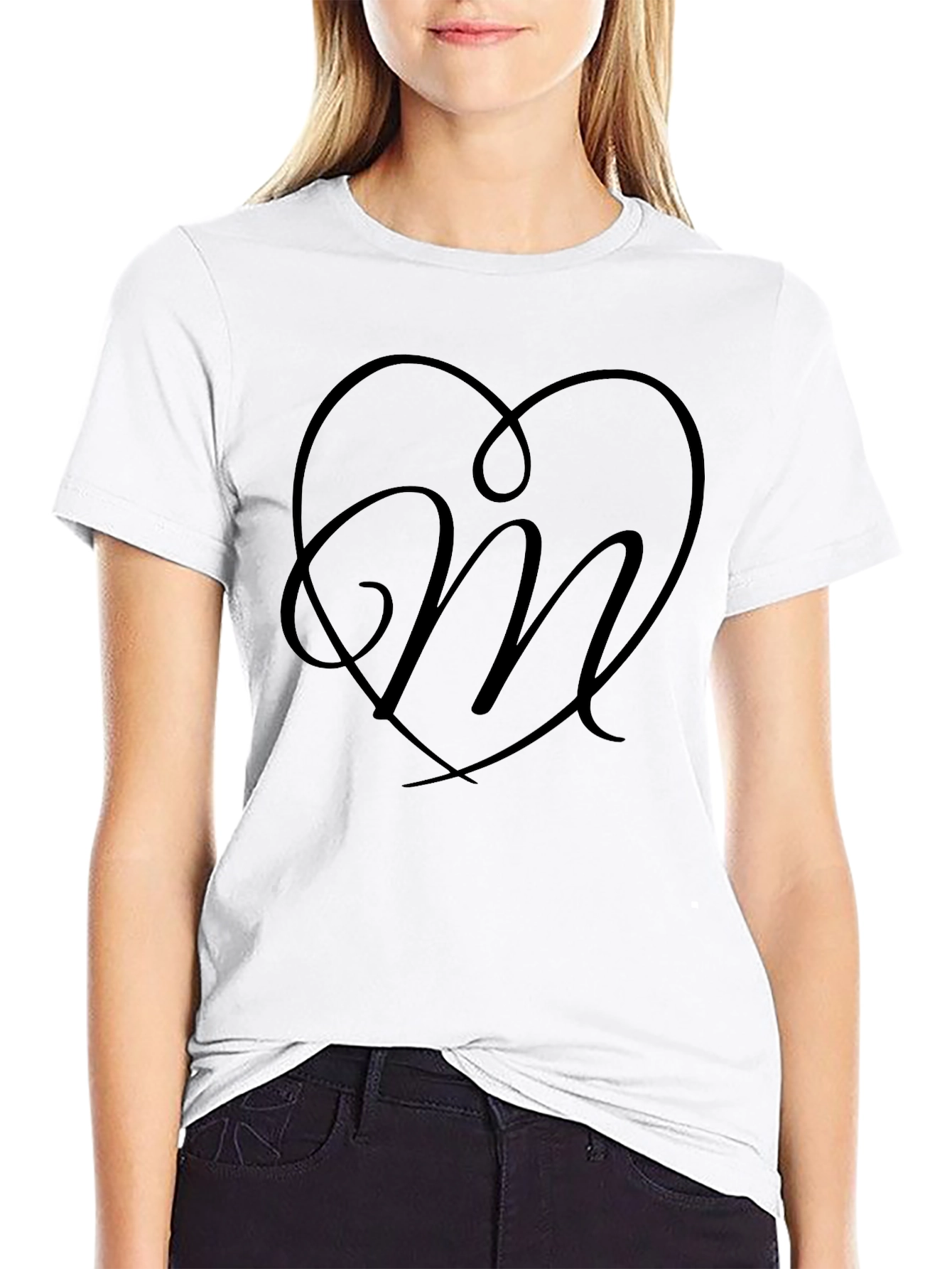 Heart Monogram Letter M Black T-Shirt