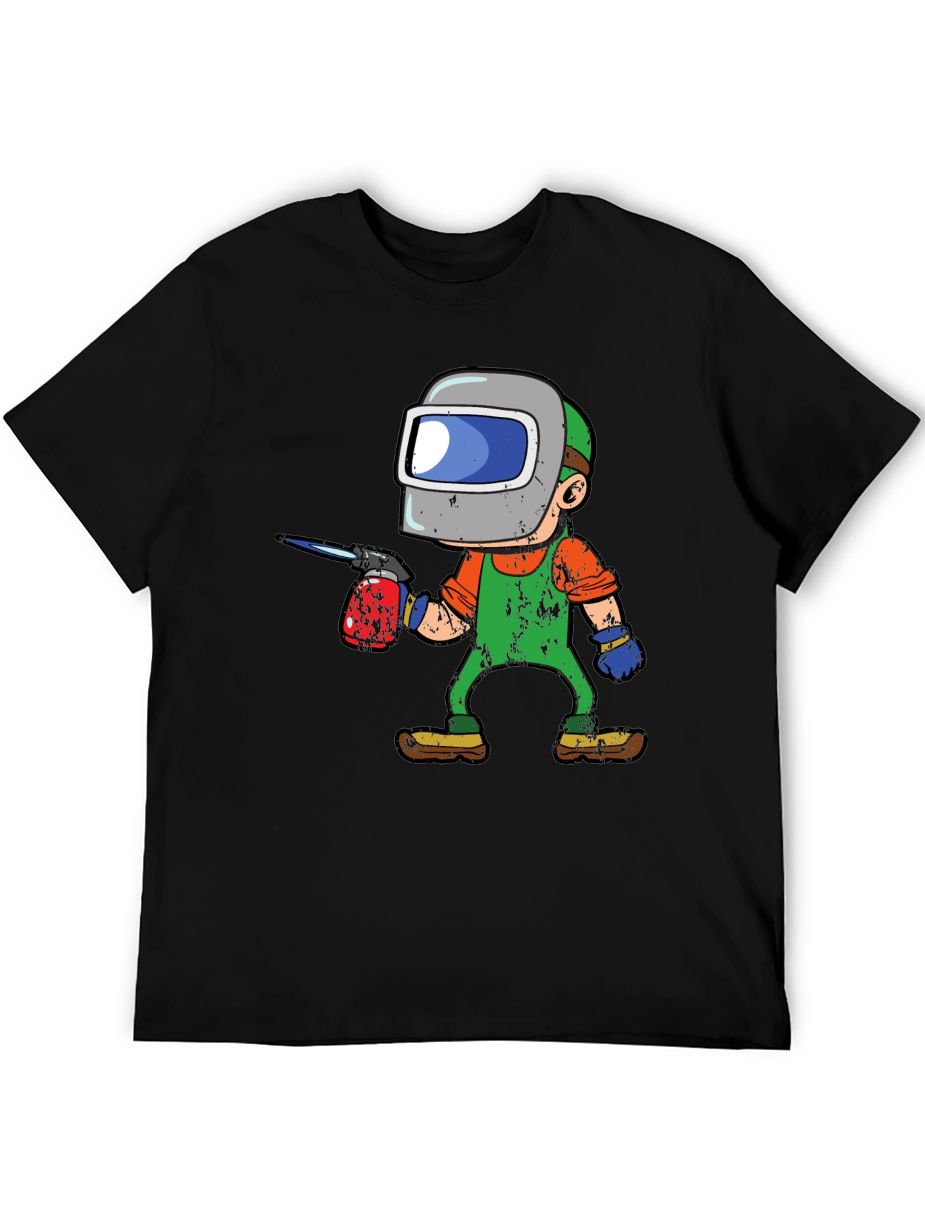 Welder Cartoon Graphic Tee - Black Cotton T-Shirt