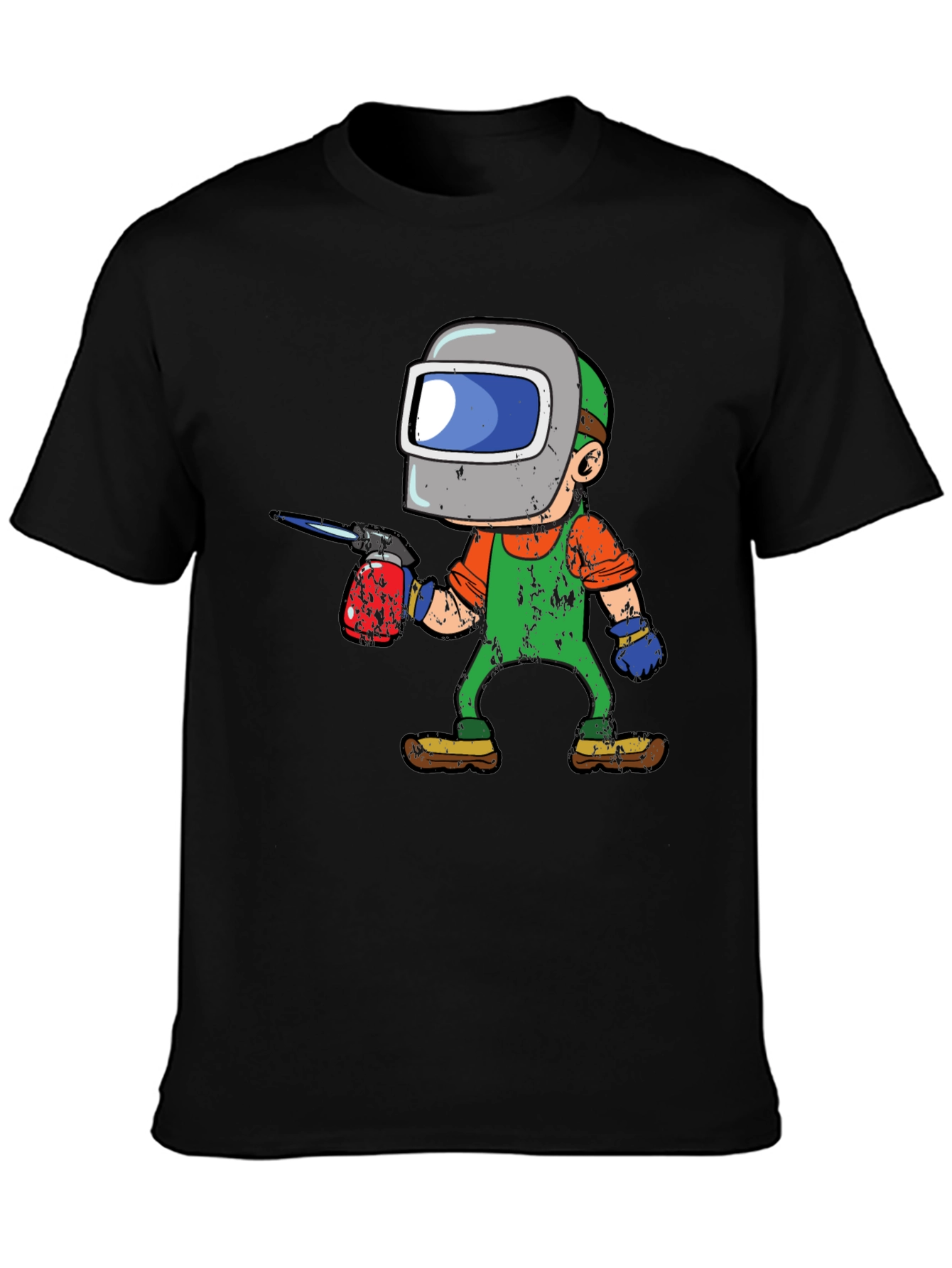 Welder Cartoon Graphic Tee - Black Cotton T-Shirt