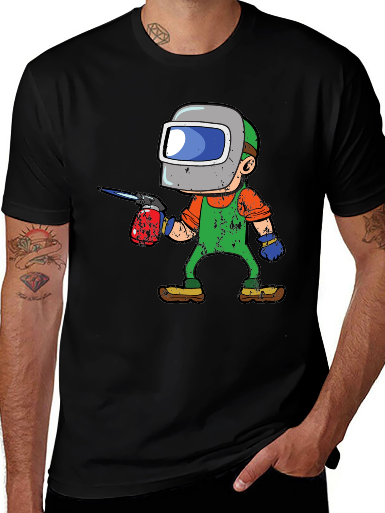 Welder Cartoon Graphic Tee - Black Cotton T-Shirt