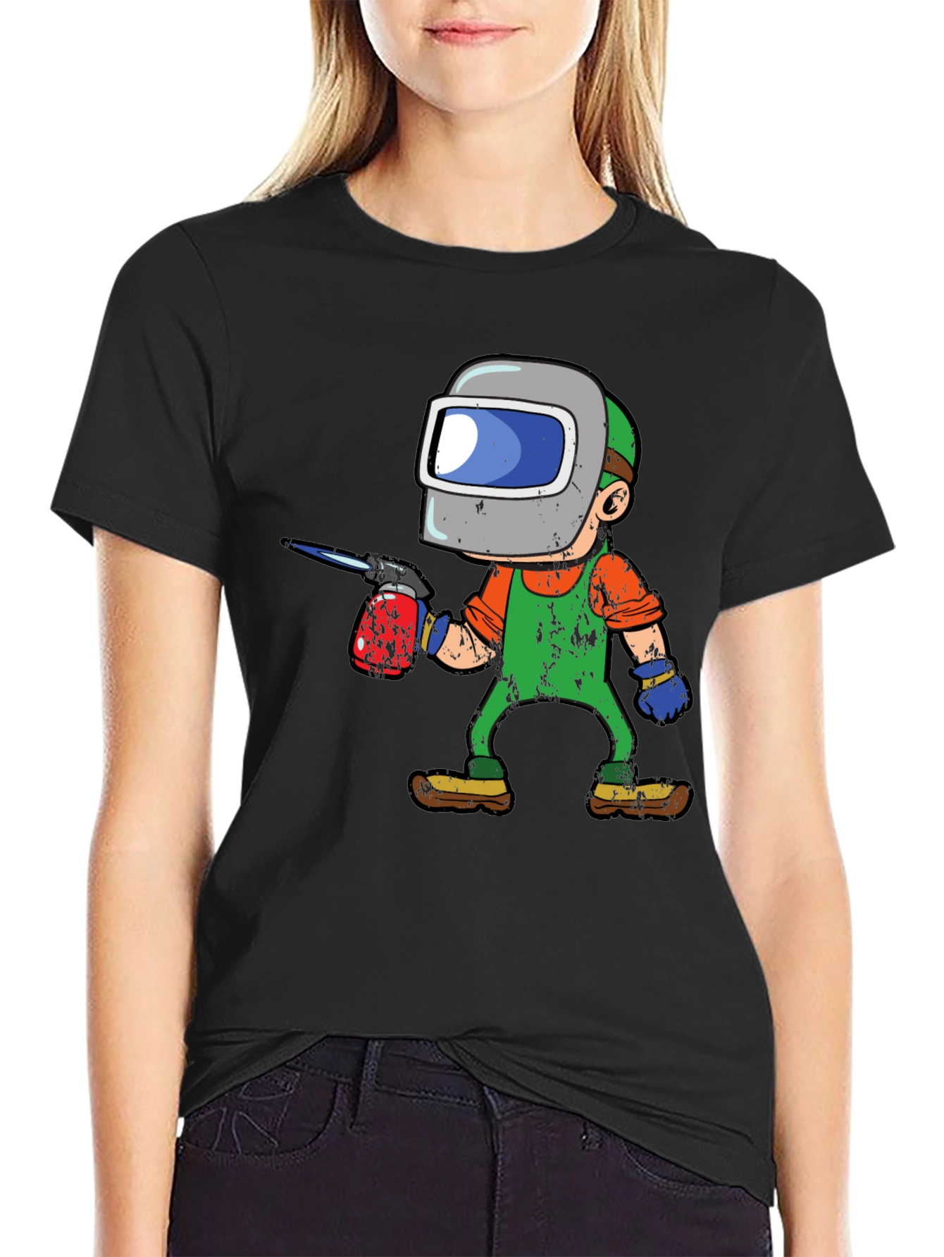 Welder Cartoon Graphic Tee - Black Cotton T-Shirt