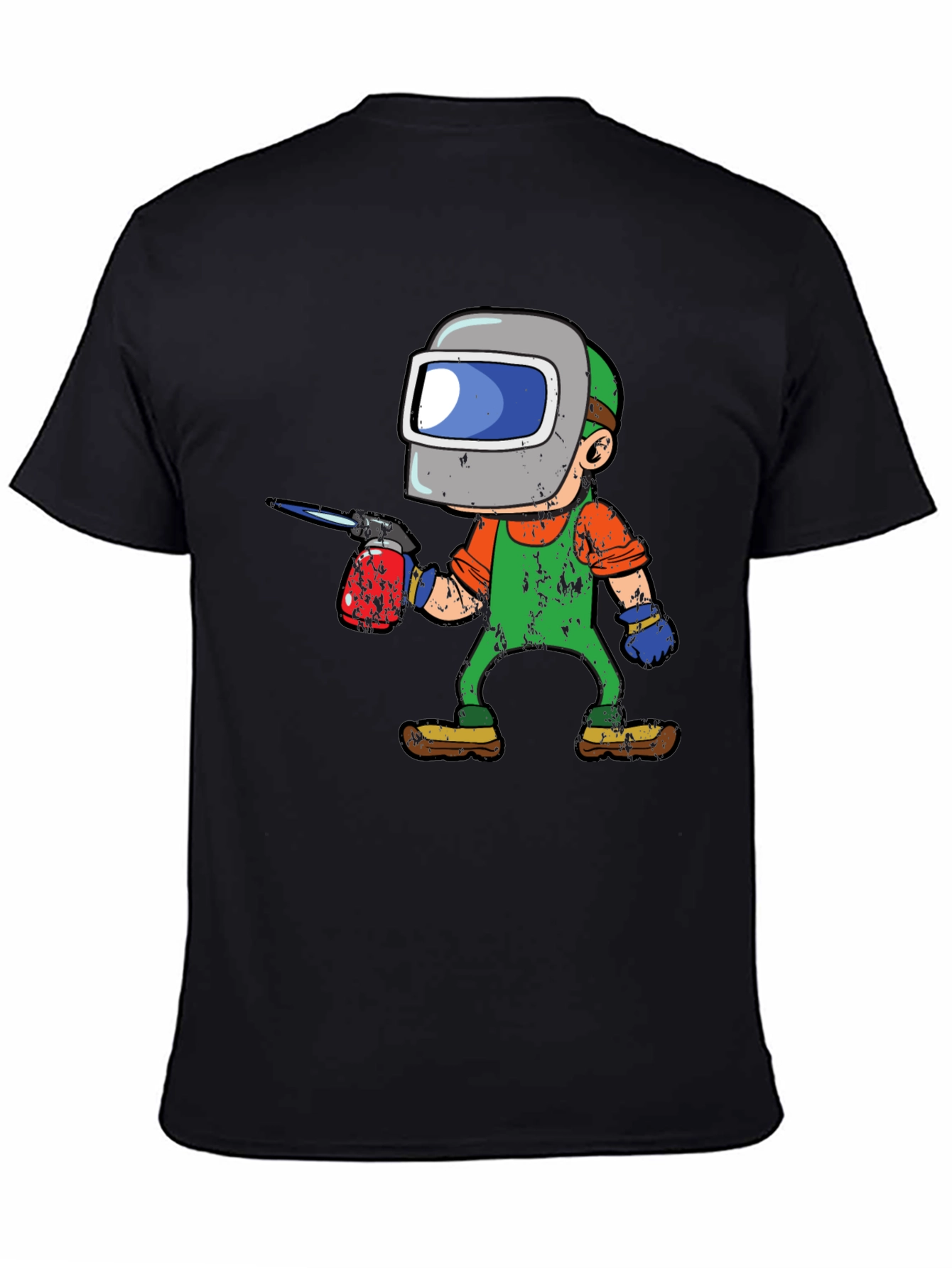 Welder Cartoon Graphic Tee - Black Cotton T-Shirt