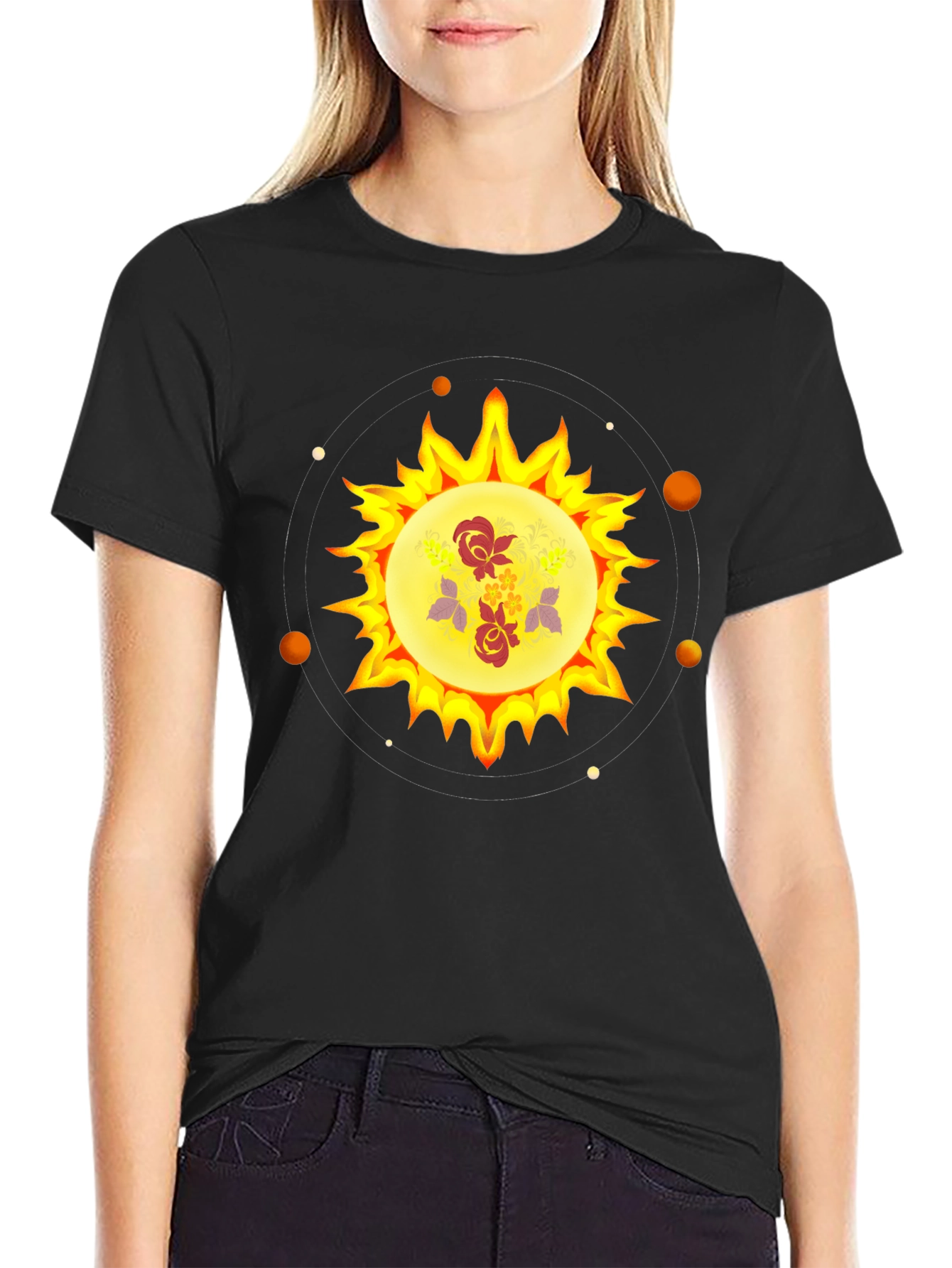 Floral Sun Graphic Black T-Shirt