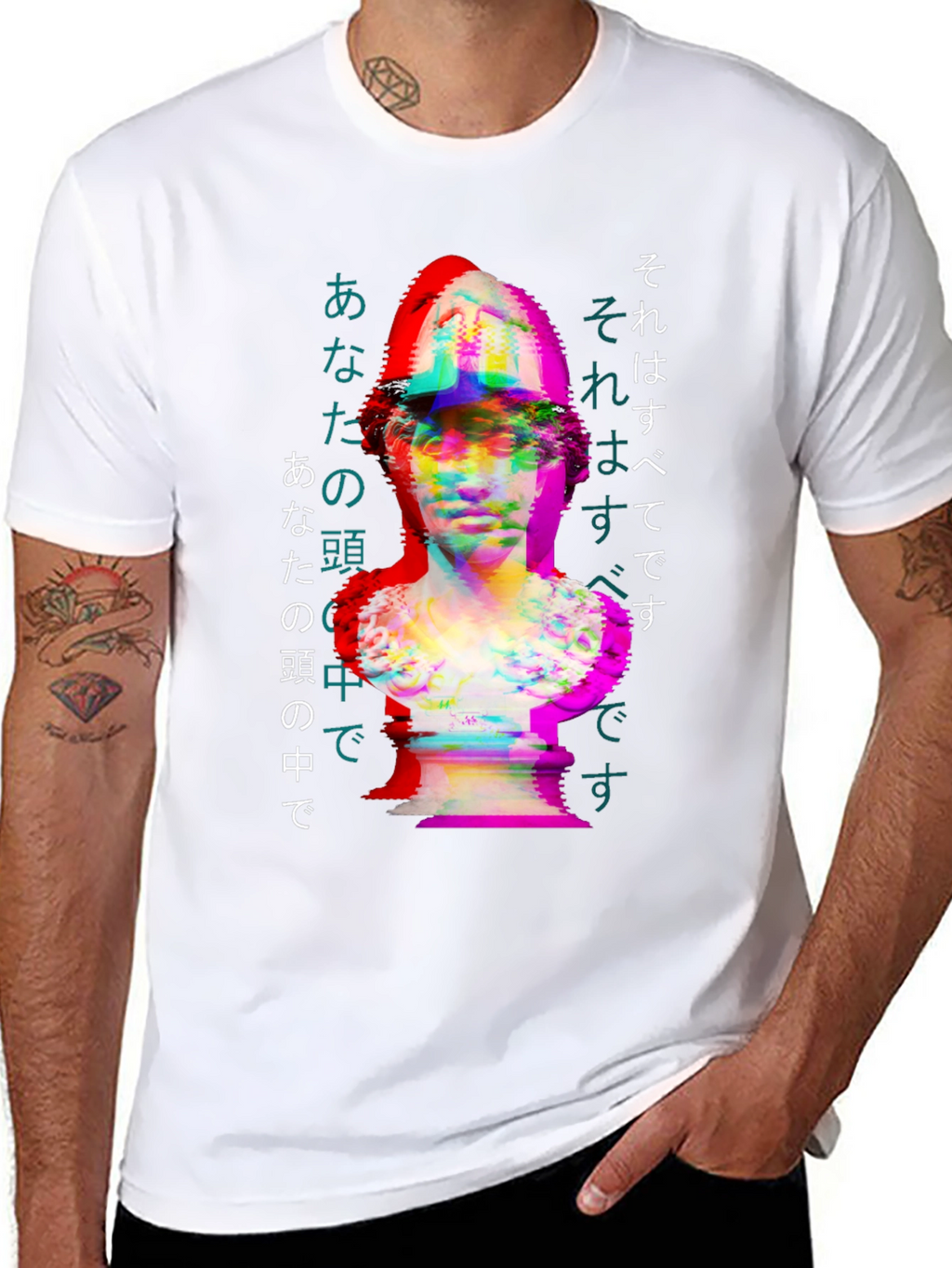 Statue Graphic Tee - Japanese Text Glitch Art