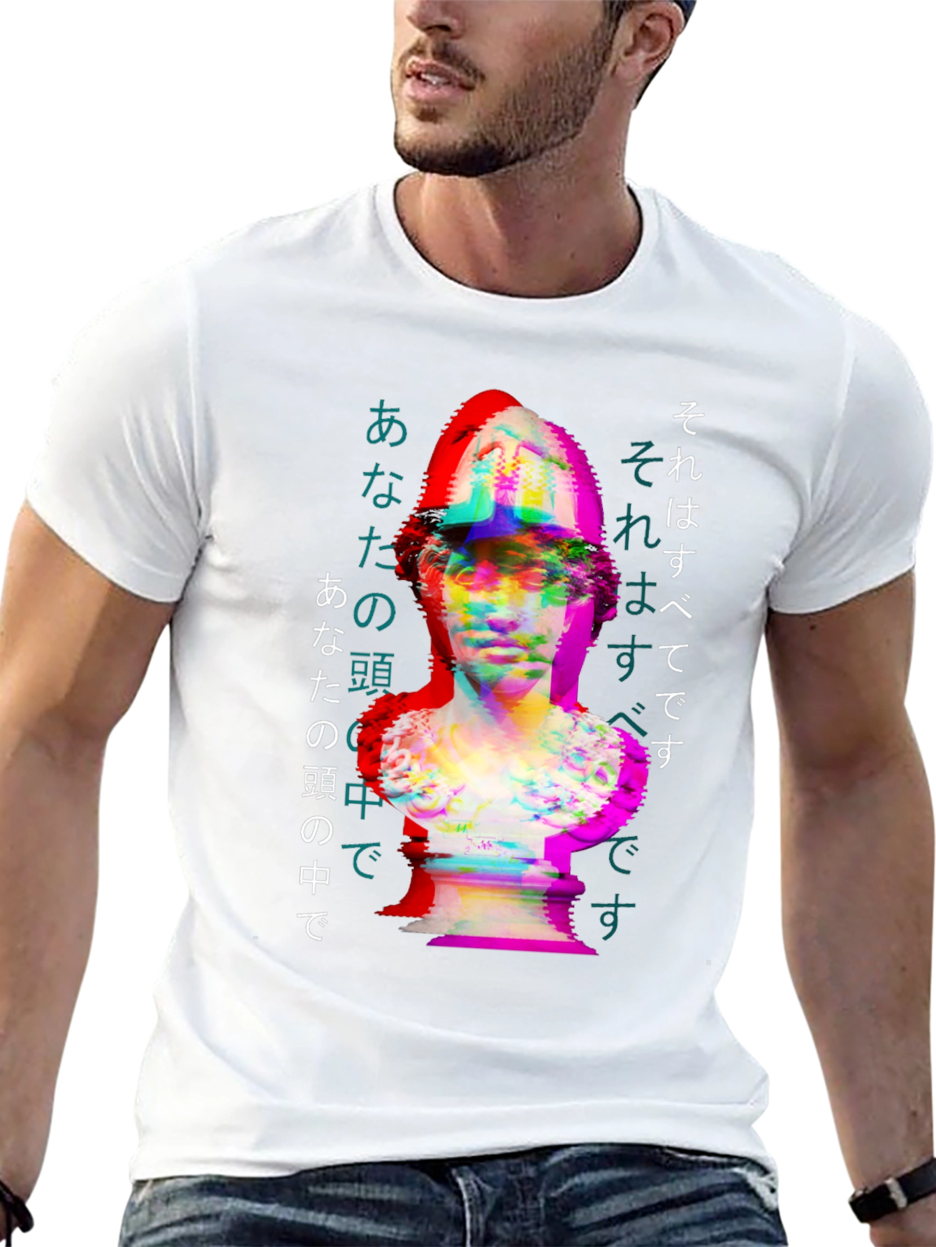 Statue Graphic Tee - Japanese Text Glitch Art