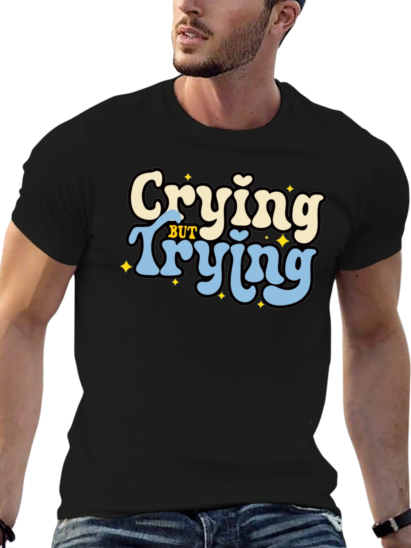 Crying But Trying Graphic Tee - Black Unisex T-Shirt