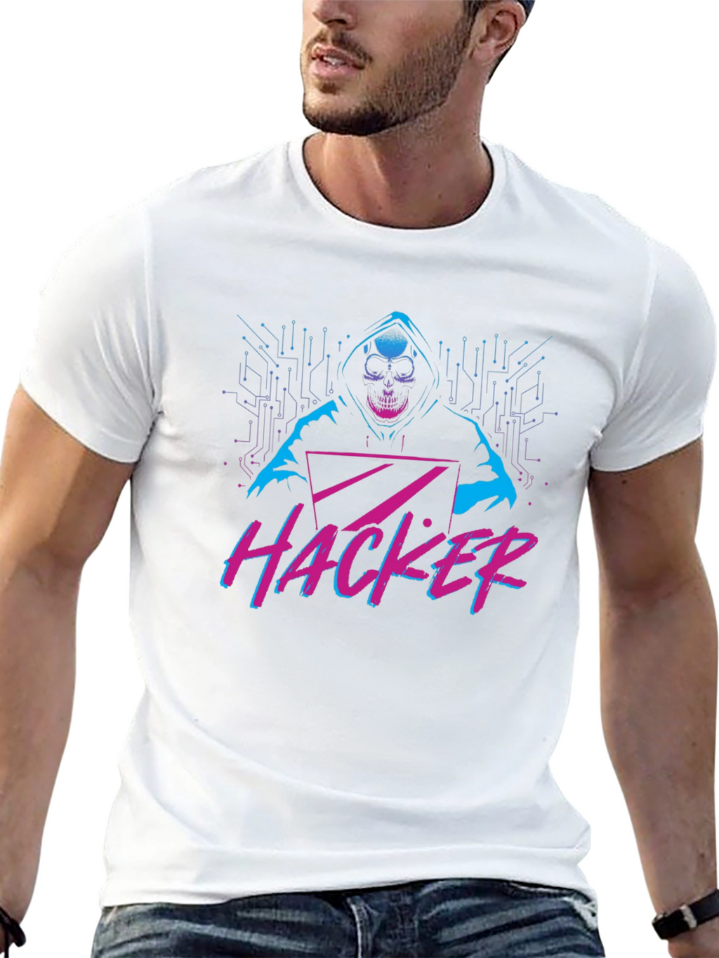 Hacker Graphic T-Shirt - Skull & Laptop Design