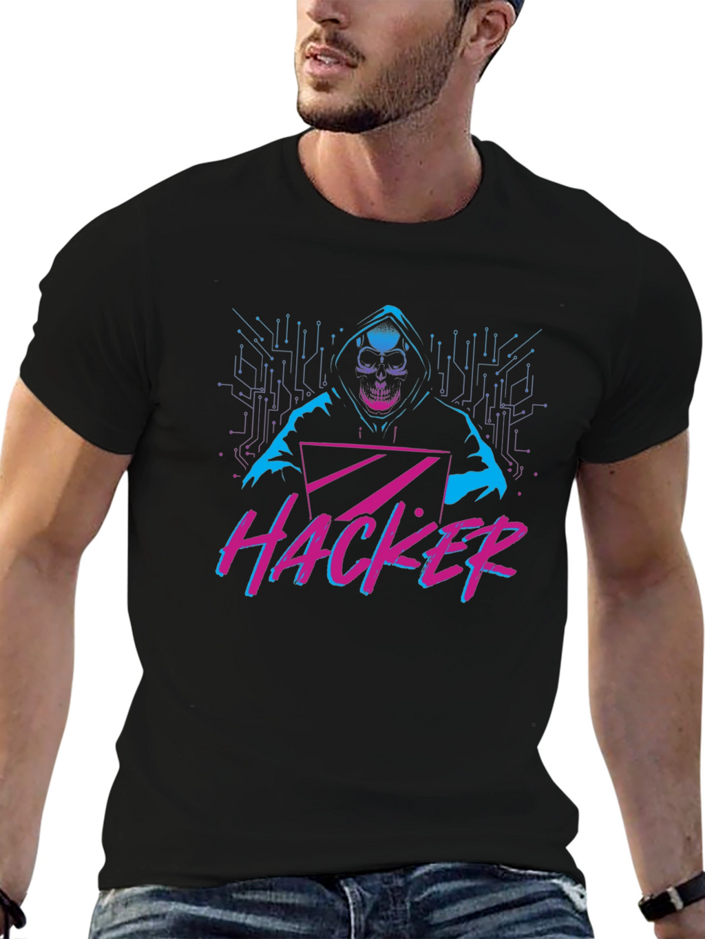 Hacker Graphic T-Shirt - Skull & Laptop Design