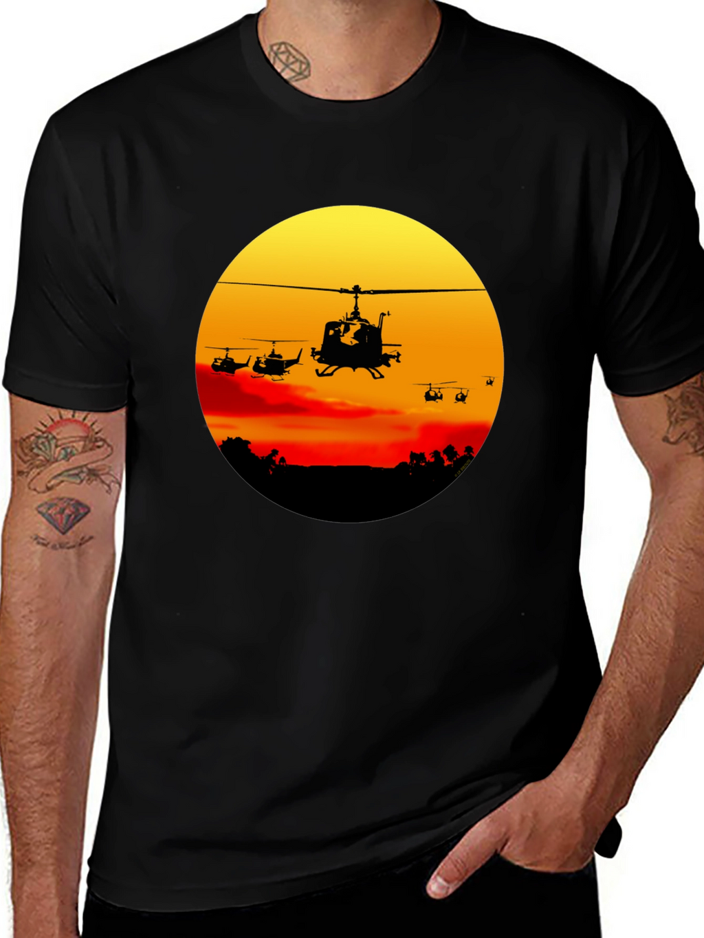 Retro Helicopter Sunset Graphic T-Shirt
