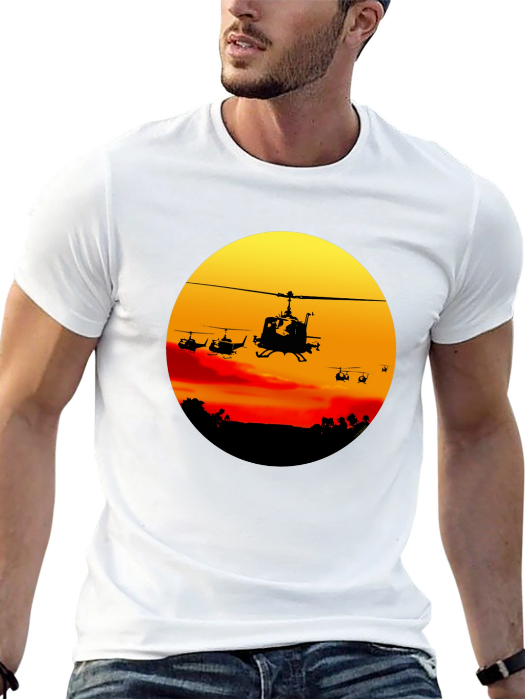 Retro Helicopter Sunset Graphic T-Shirt