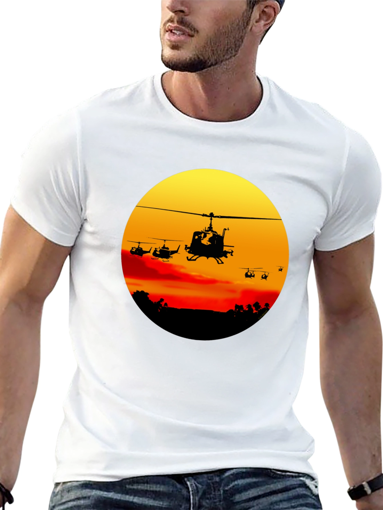 Retro Helicopter Sunset Graphic T-Shirt