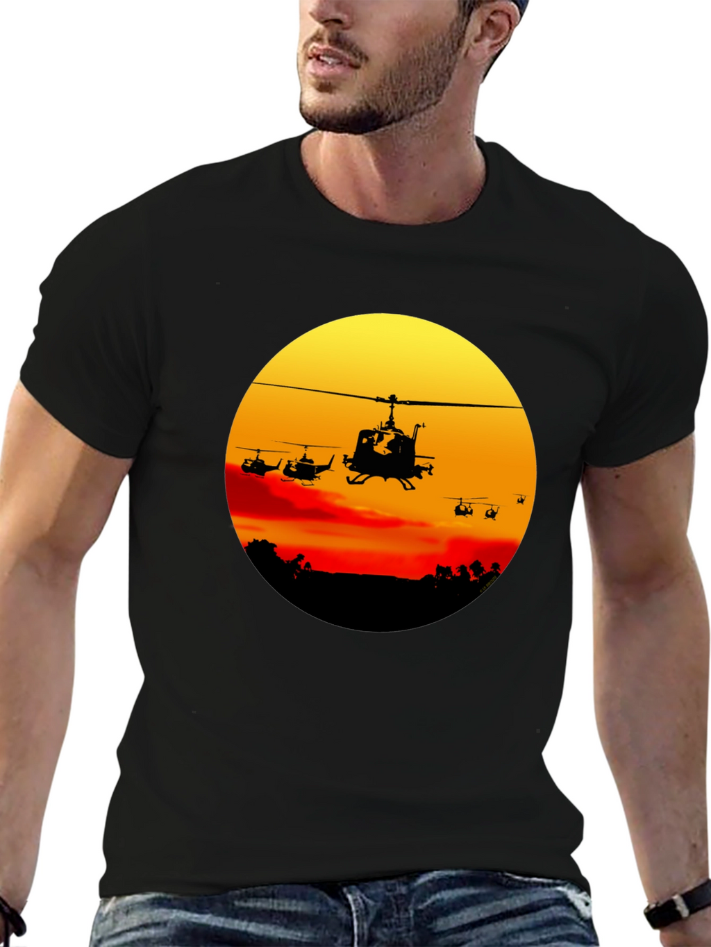 Retro Helicopter Sunset Graphic T-Shirt