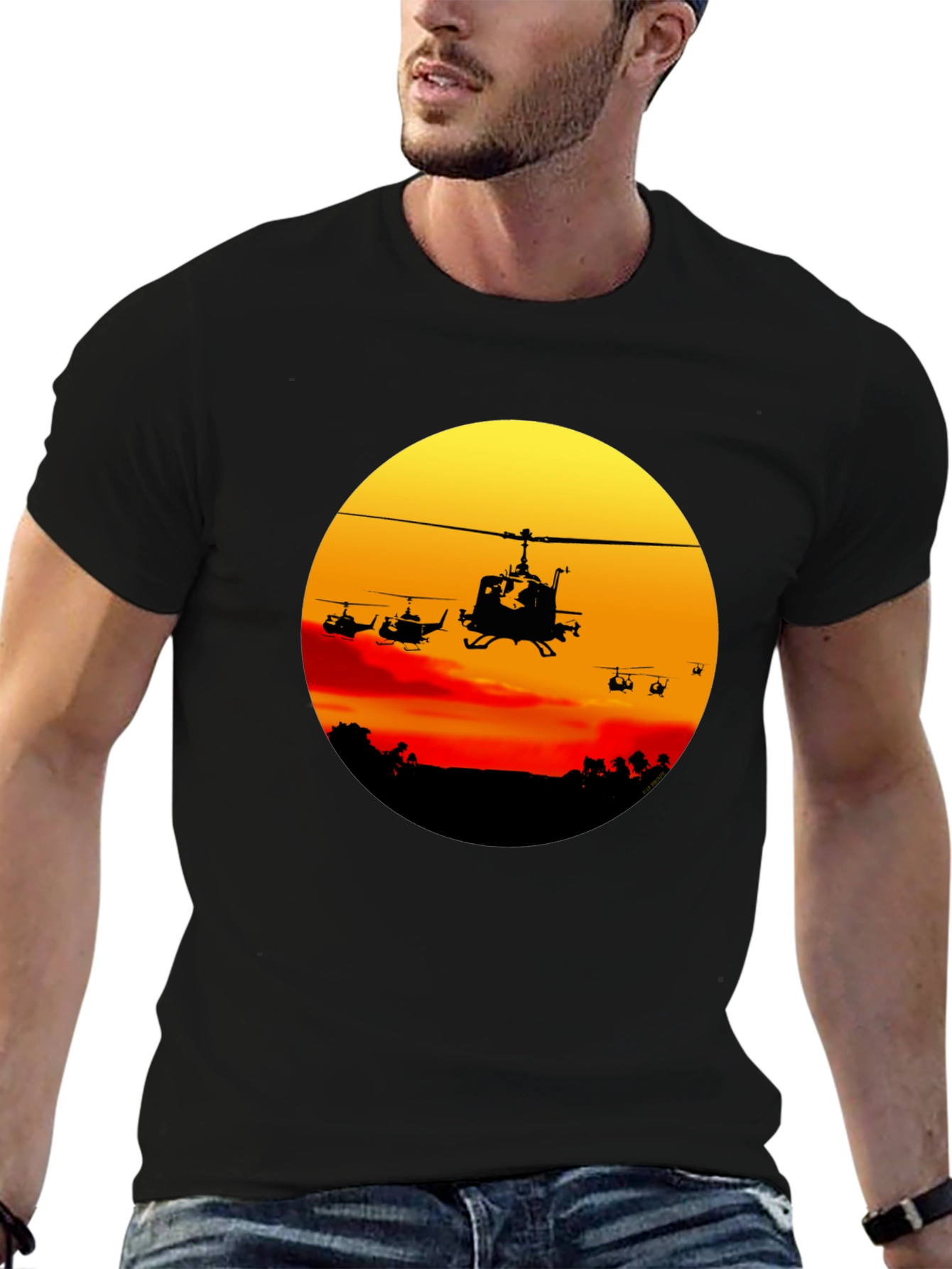 Retro Helicopter Sunset Graphic T-Shirt