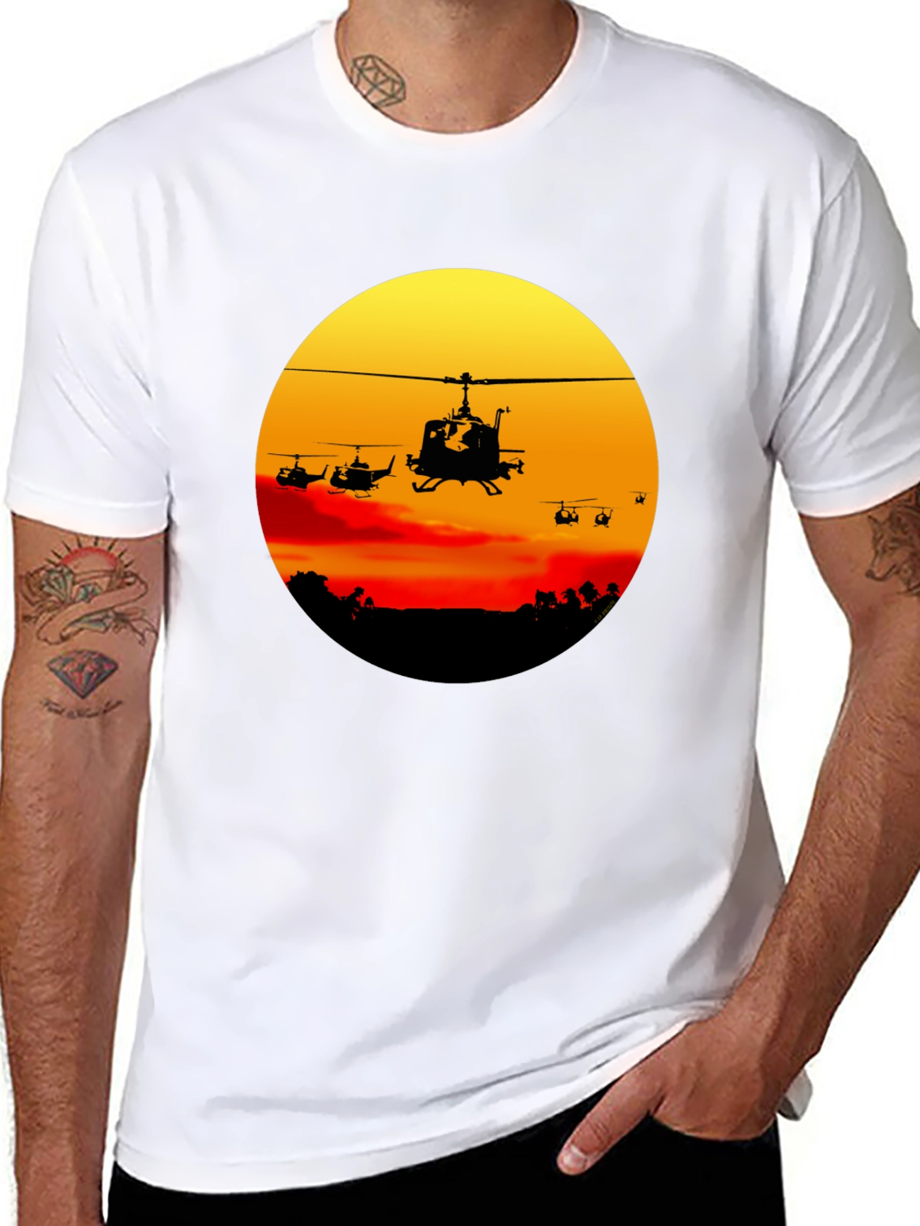 Retro Helicopter Sunset Graphic T-Shirt