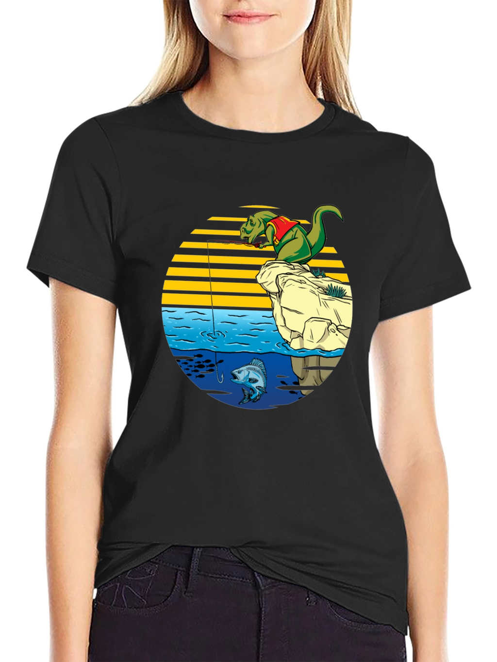 Dino Fishing Graphic T-Shirt - Fun Novelty Tee