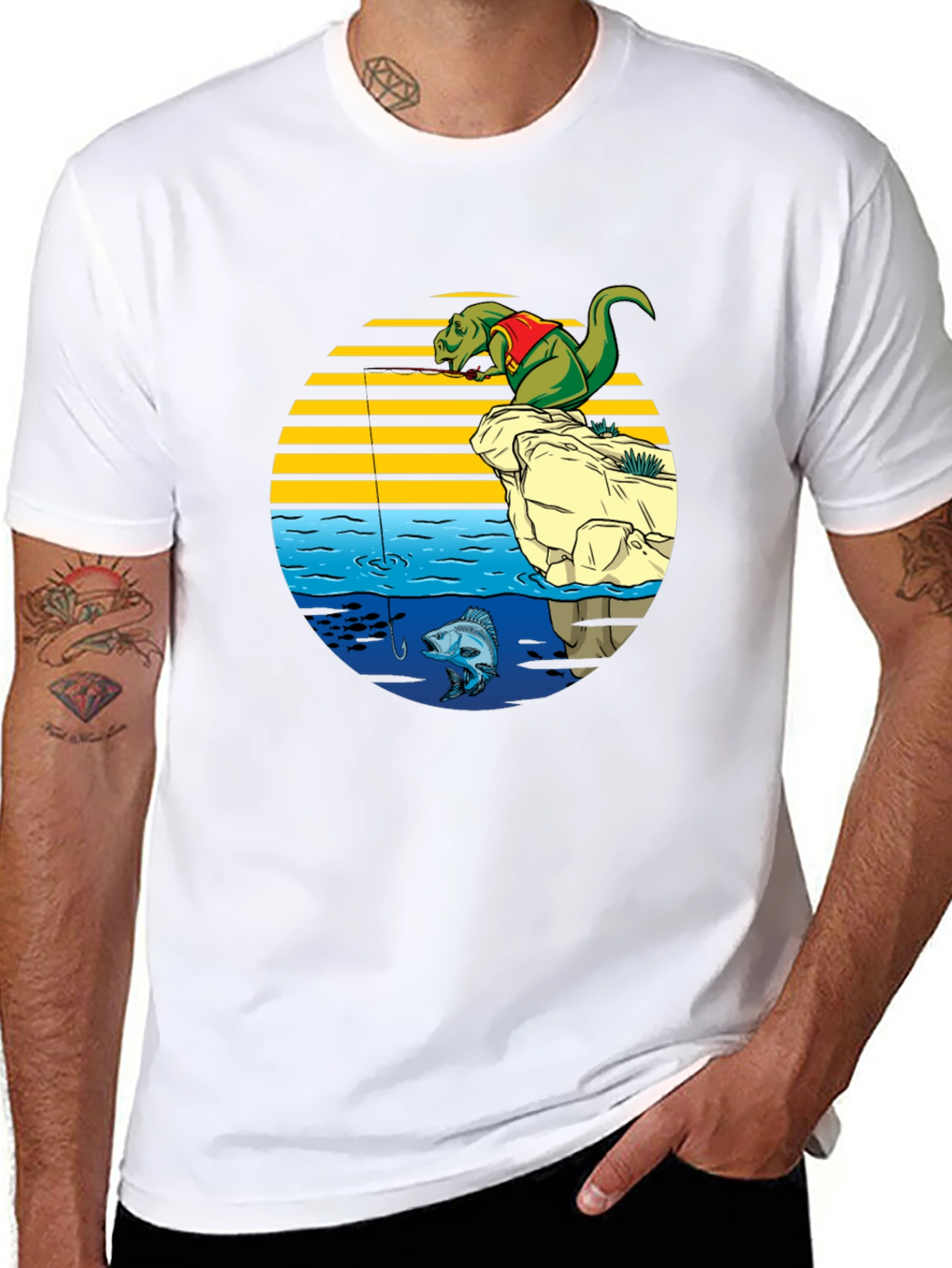Dino Fishing Graphic T-Shirt - Fun Novelty Tee