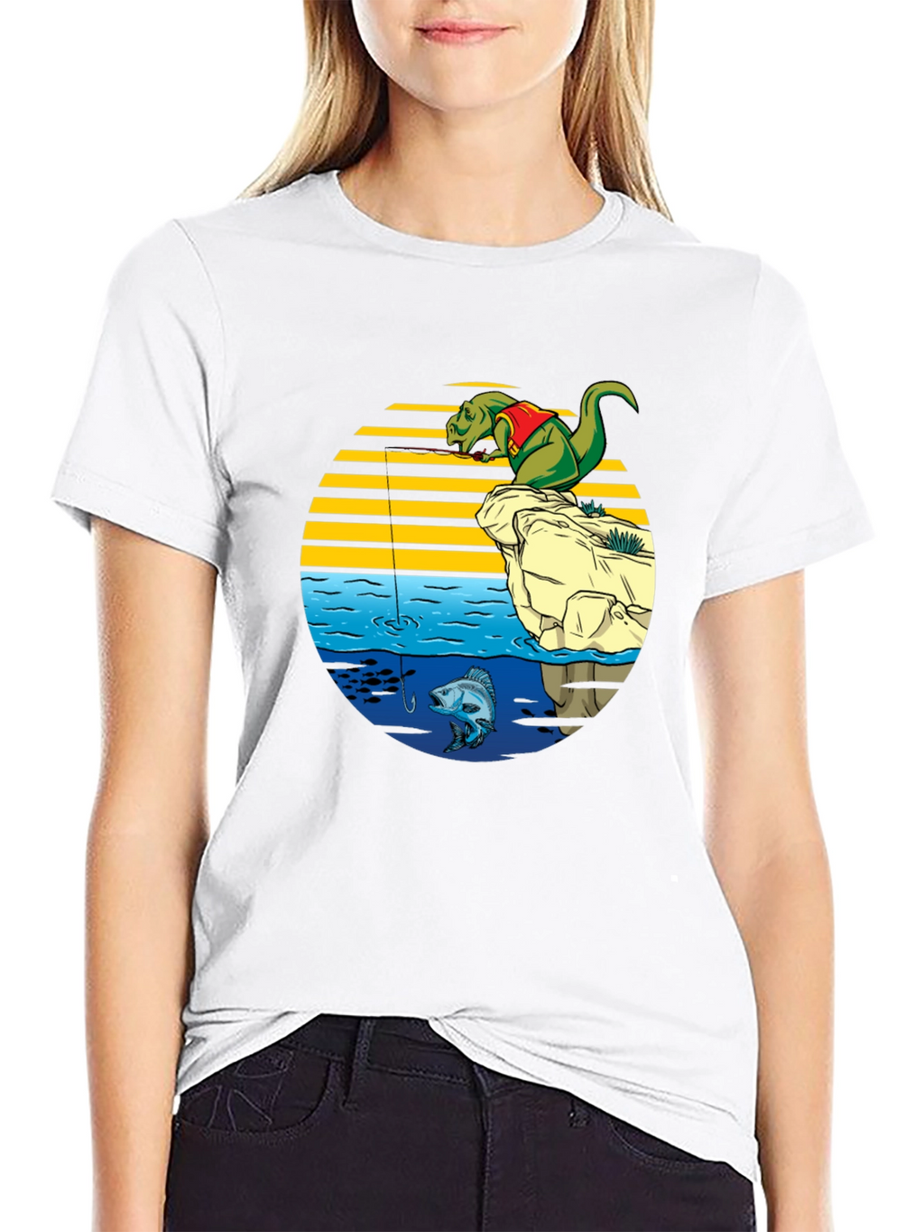 Dino Fishing Graphic T-Shirt - Fun Novelty Tee