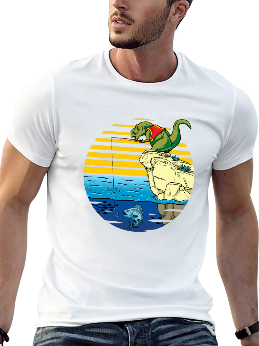 Dino Fishing Graphic T-Shirt - Fun Novelty Tee