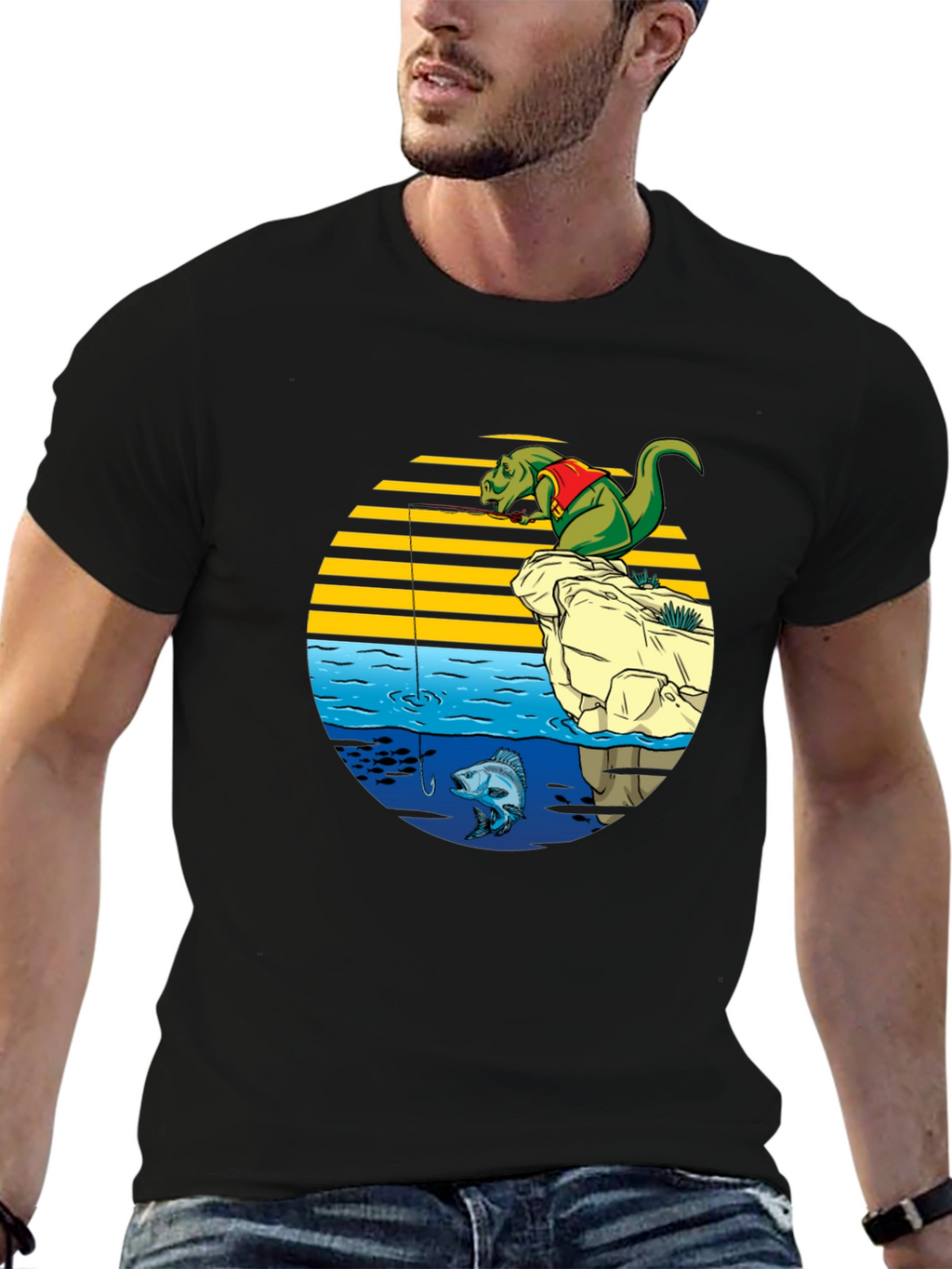 Dino Fishing Graphic T-Shirt - Fun Novelty Tee