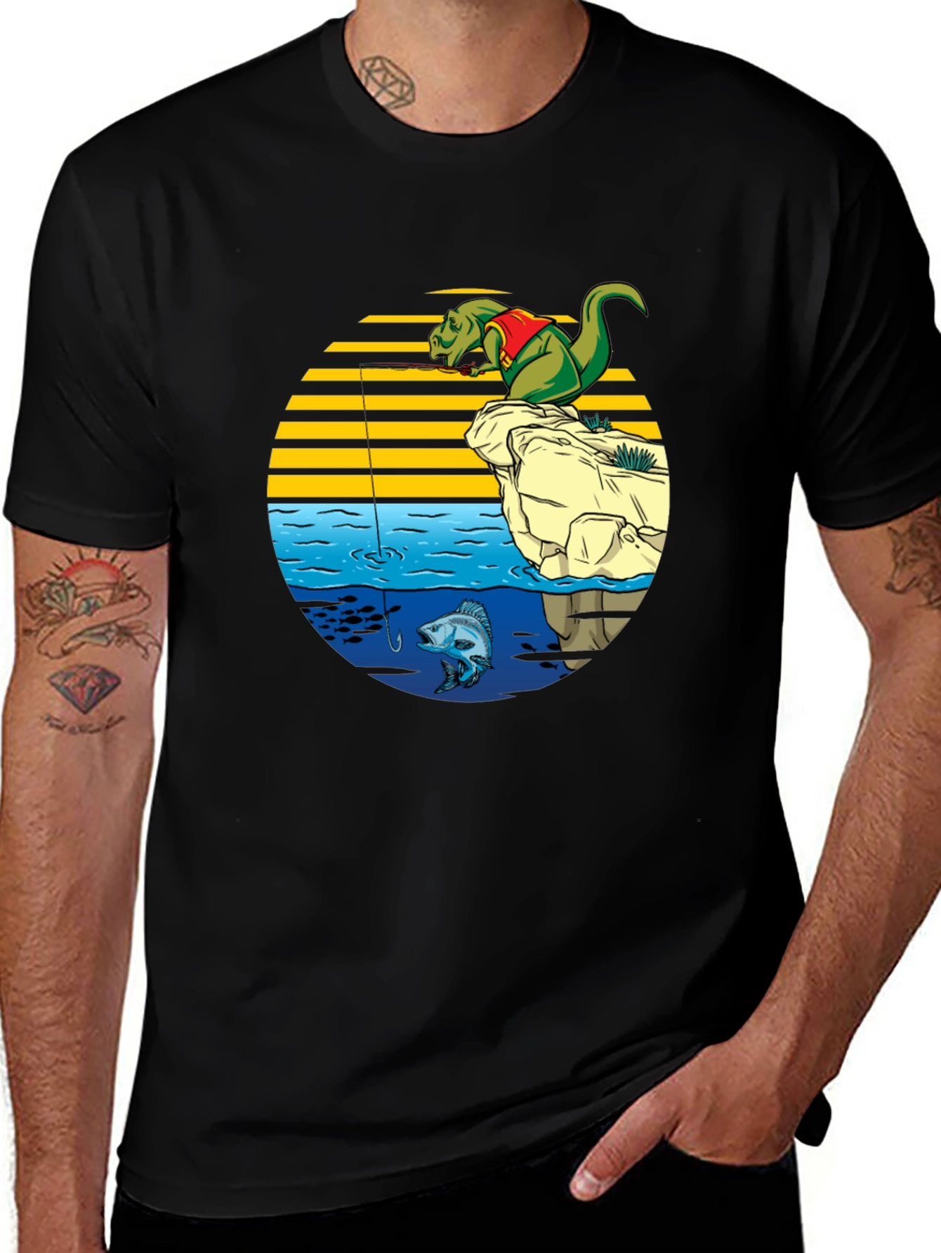 Dino Fishing Graphic T-Shirt - Fun Novelty Tee