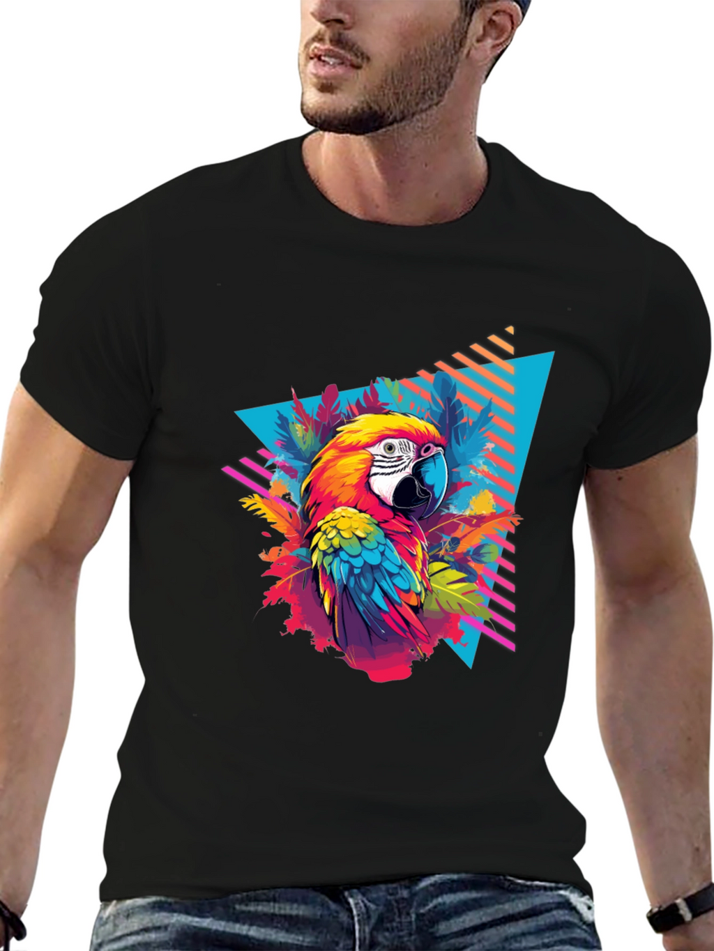 Tropical Parrot Graphic Black T-Shirt