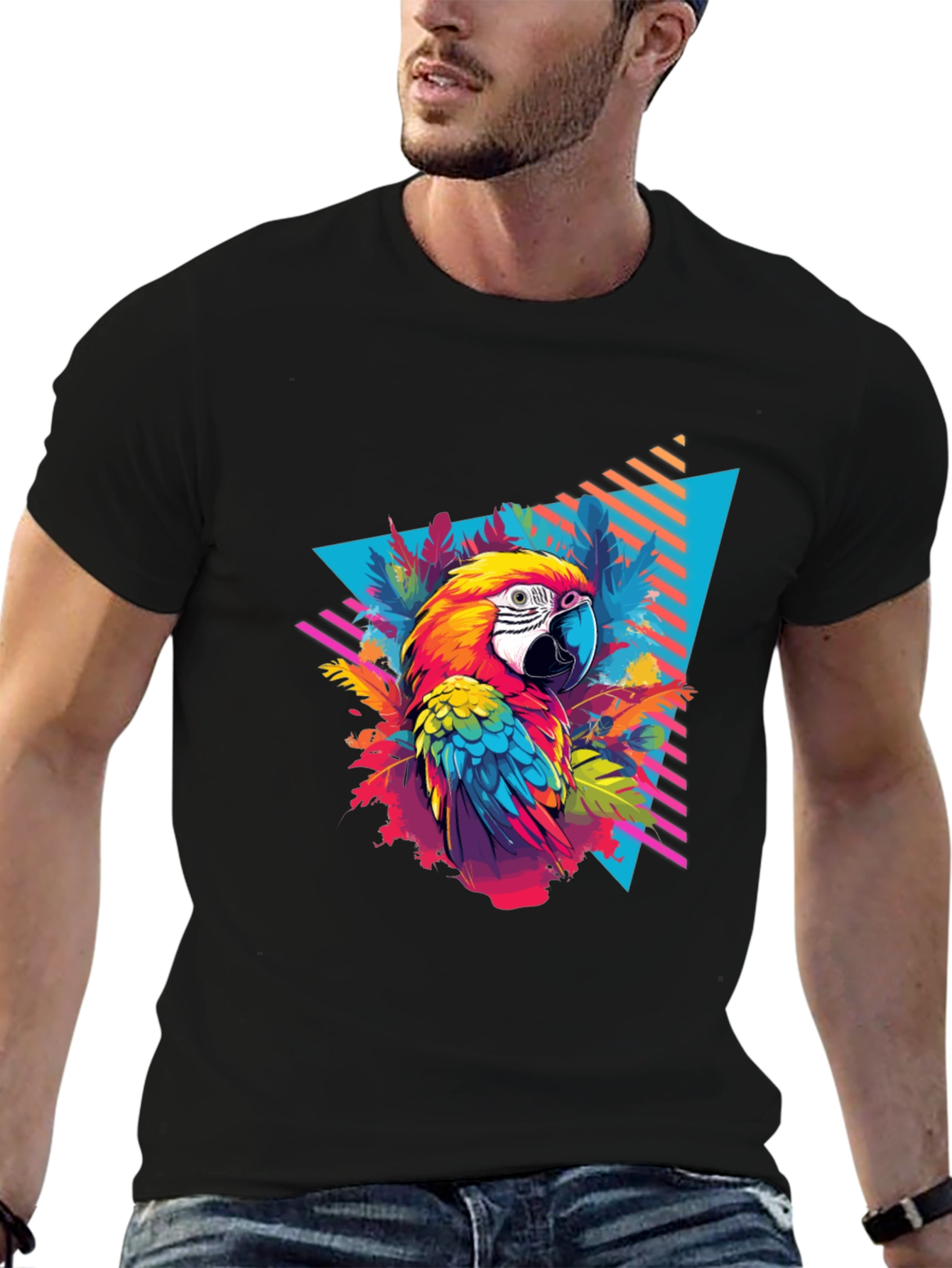 Tropical Parrot Graphic Black T-Shirt