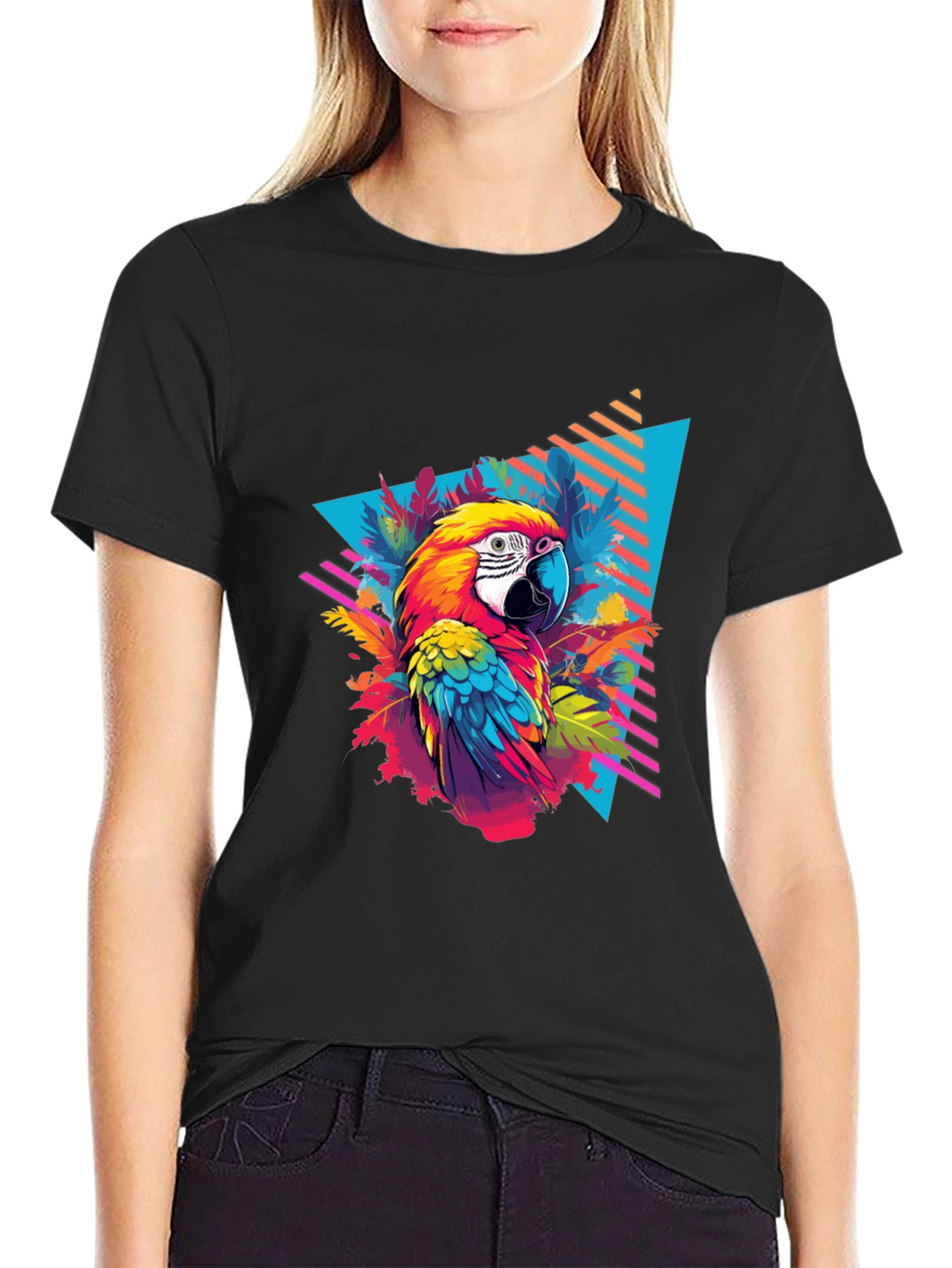 Tropical Parrot Graphic Black T-Shirt