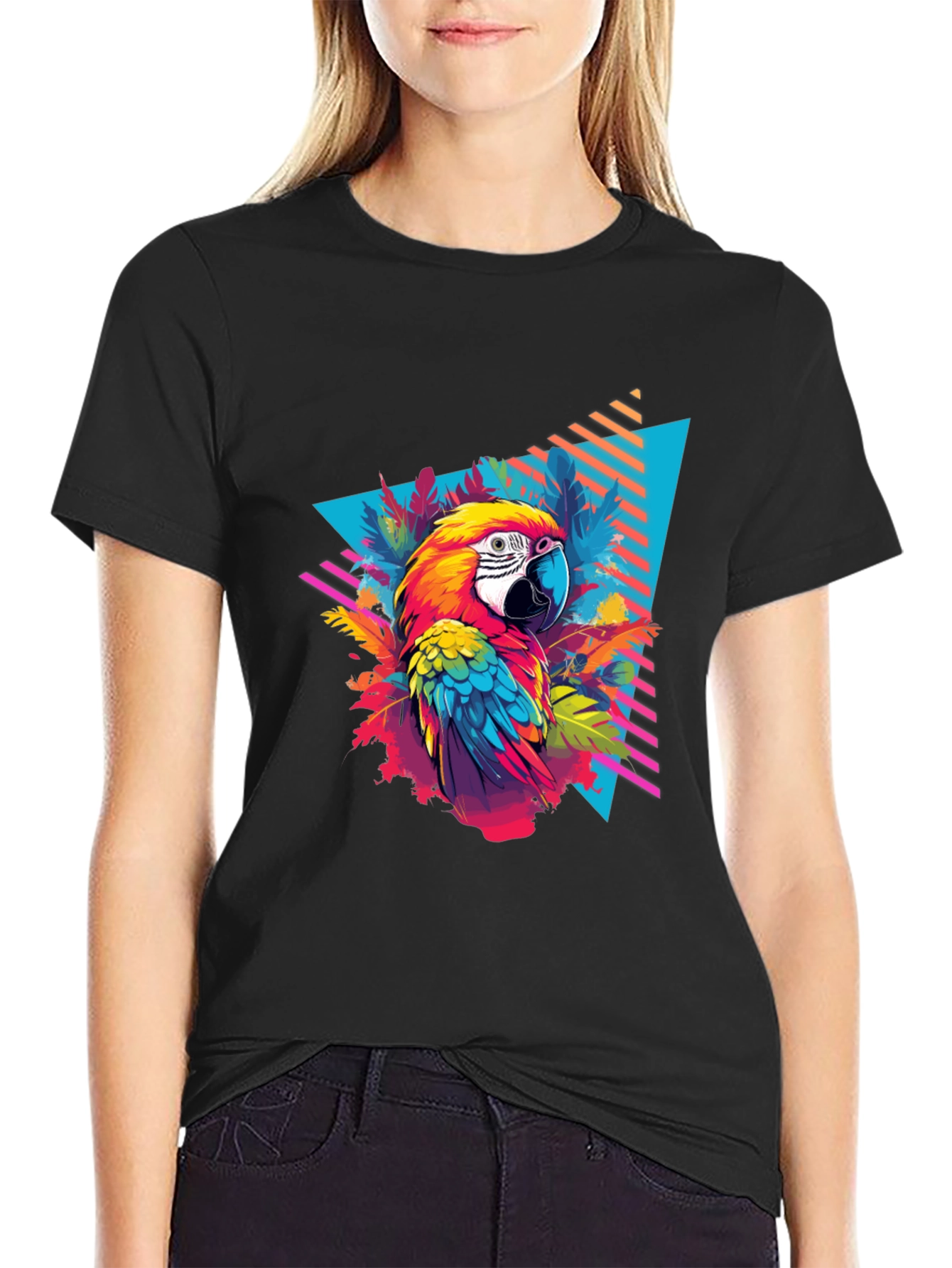 Tropical Parrot Graphic Black T-Shirt