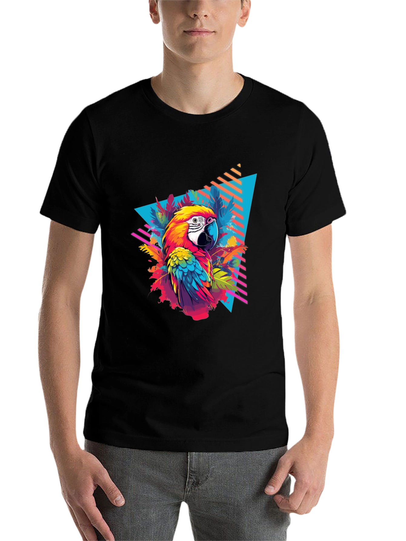Tropical Parrot Graphic Black T-Shirt