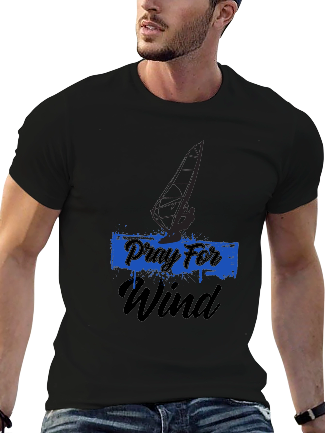 Pray For Wind Black T-Shirt - Windsurfing Design