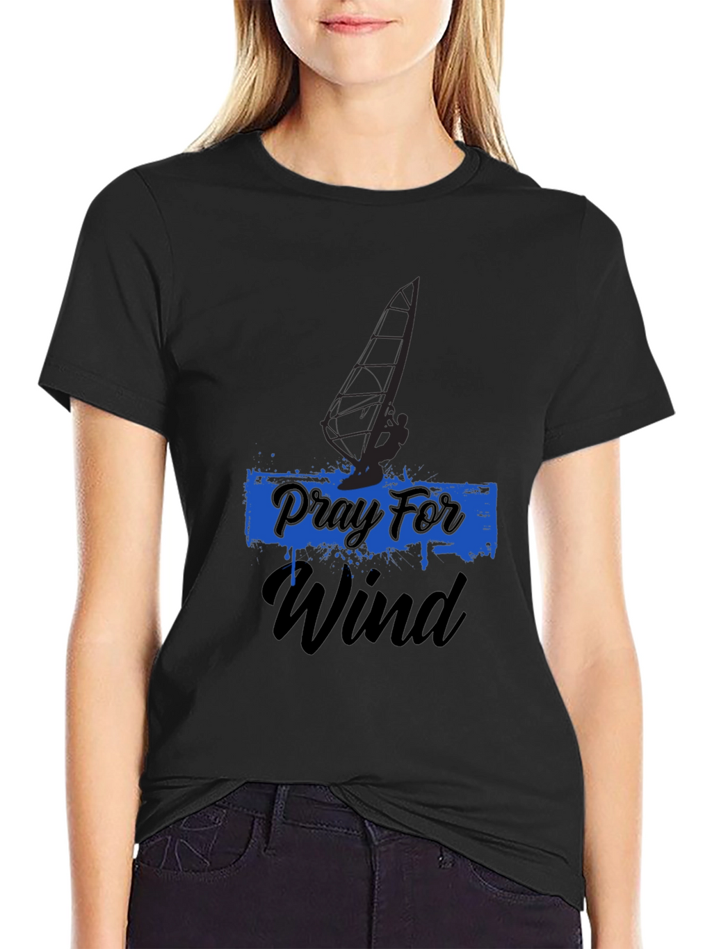 Pray For Wind Black T-Shirt - Windsurfing Design