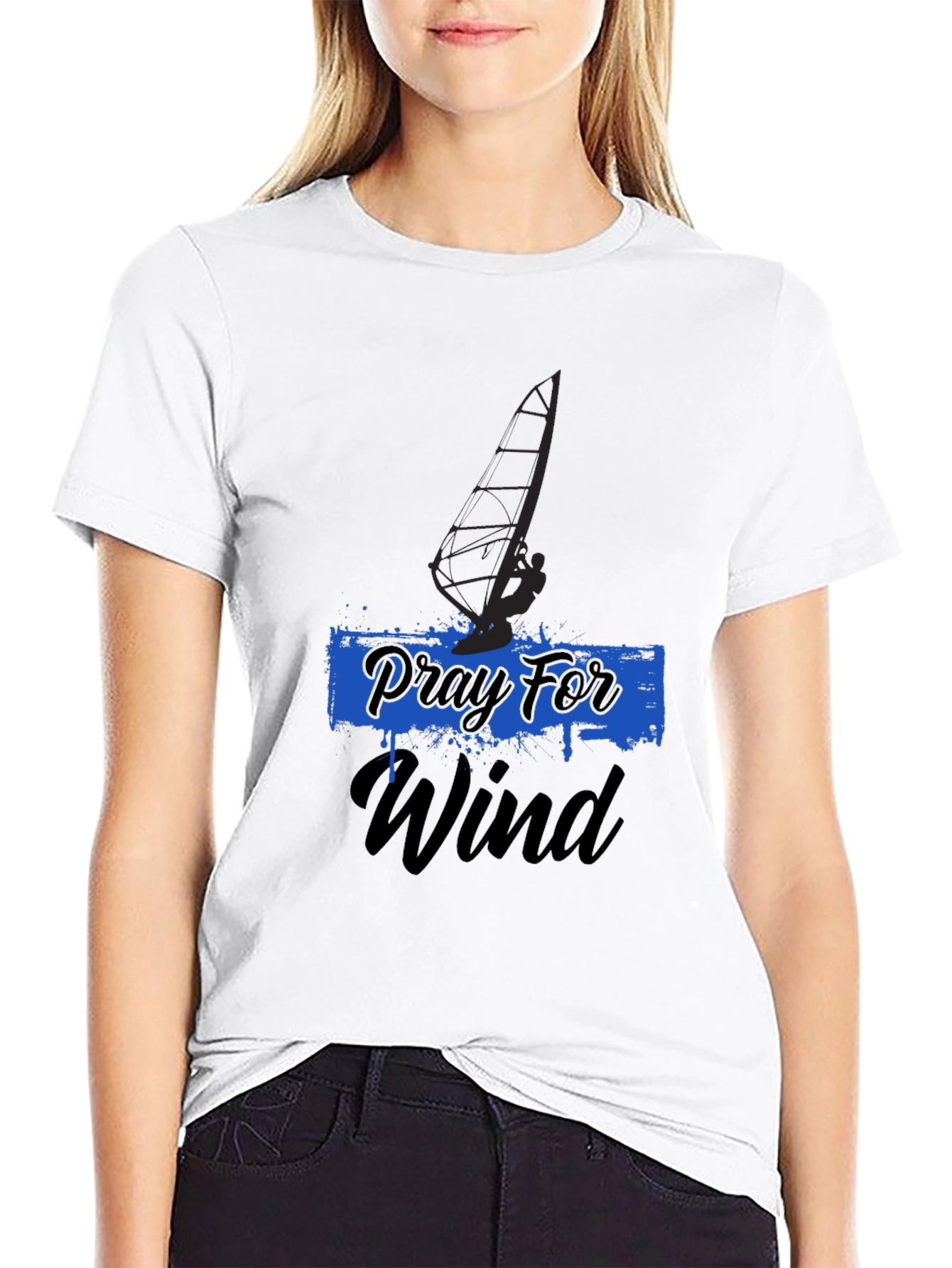 Pray For Wind Black T-Shirt - Windsurfing Design