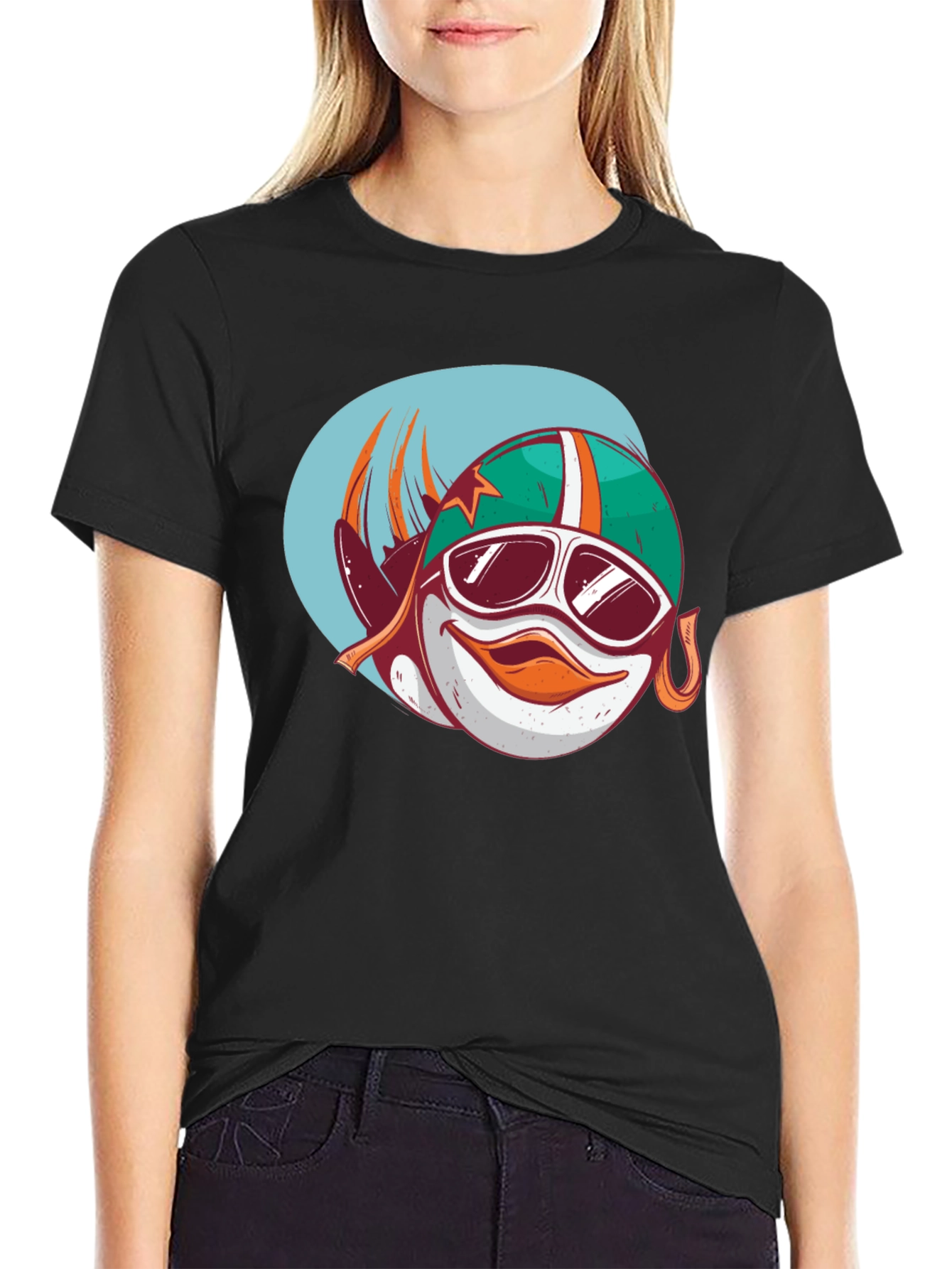 Cool Cartoon Racer Fish Graphic Black T-Shirt